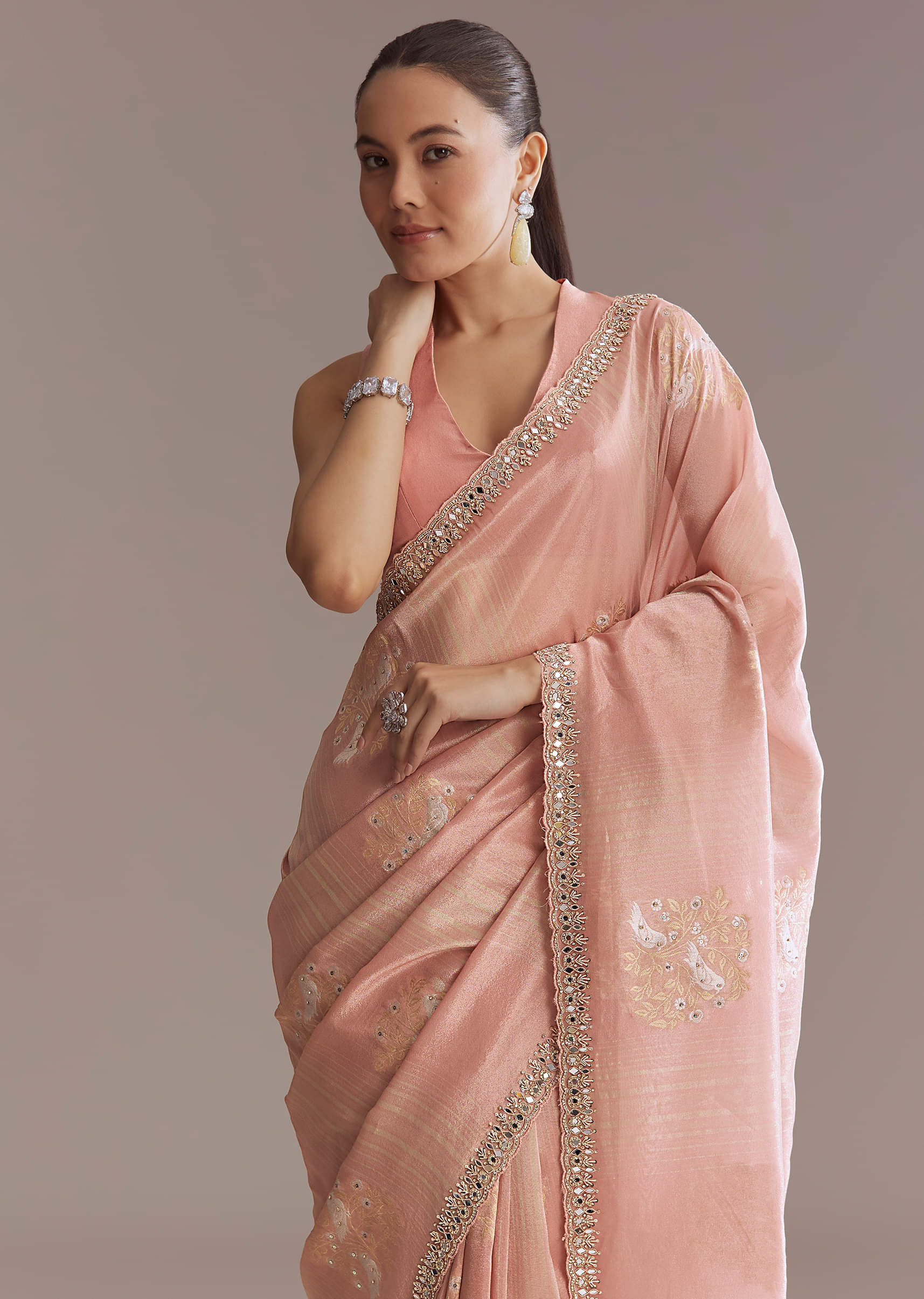 Rose Pink Tissue Saree With Zardosi And Mirror Embroidery - Image 2