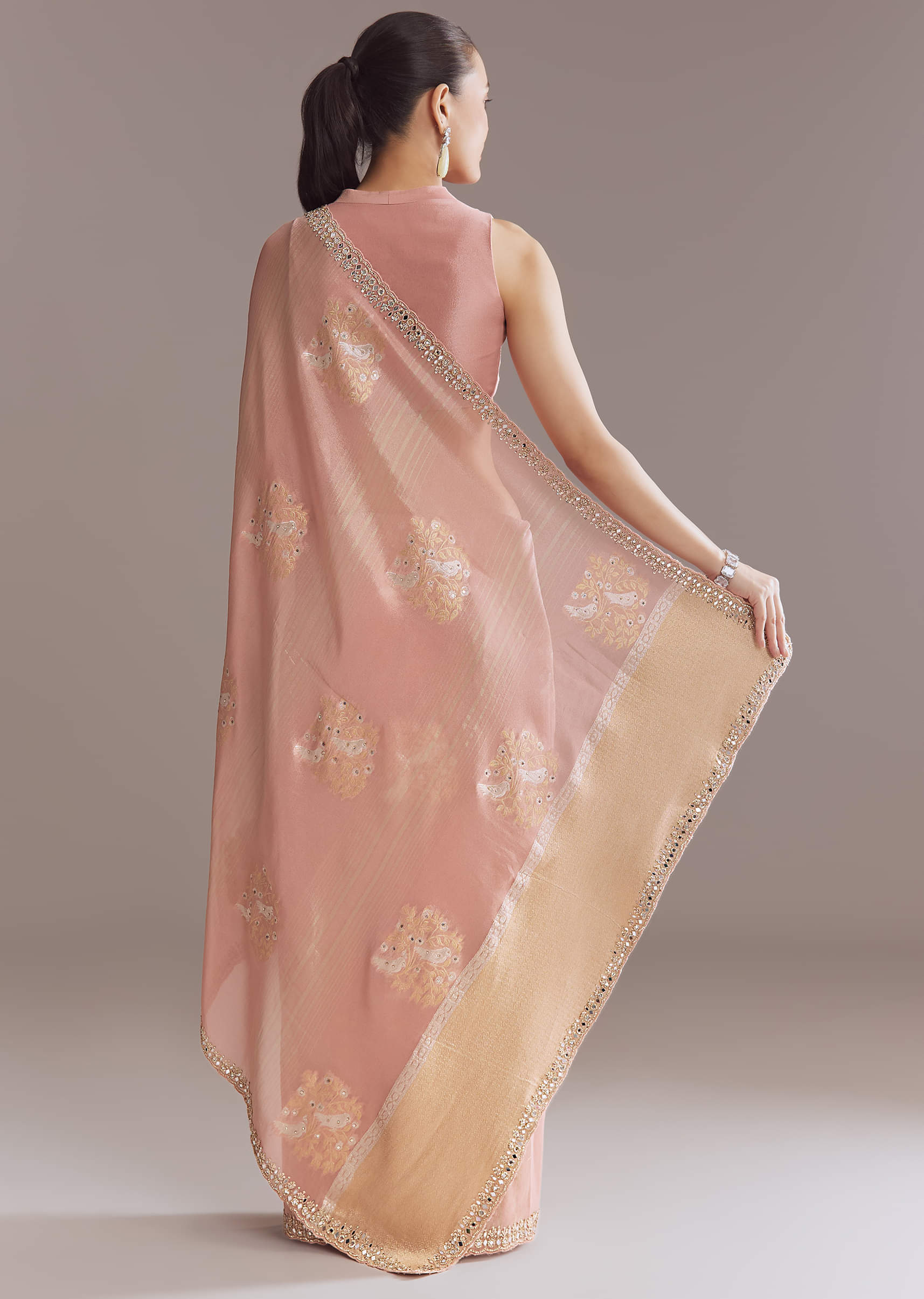 Rose Pink Tissue Saree With Zardosi And Mirror Embroidery - Image 3