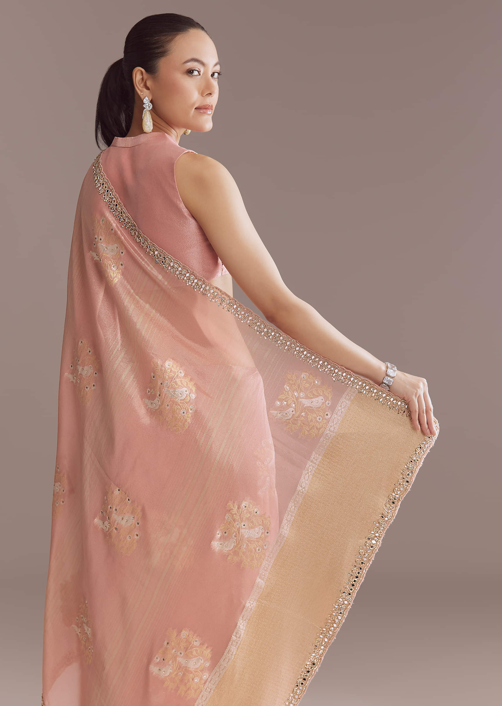 Rose Pink Tissue Saree With Zardosi And Mirror Embroidery - Image 5