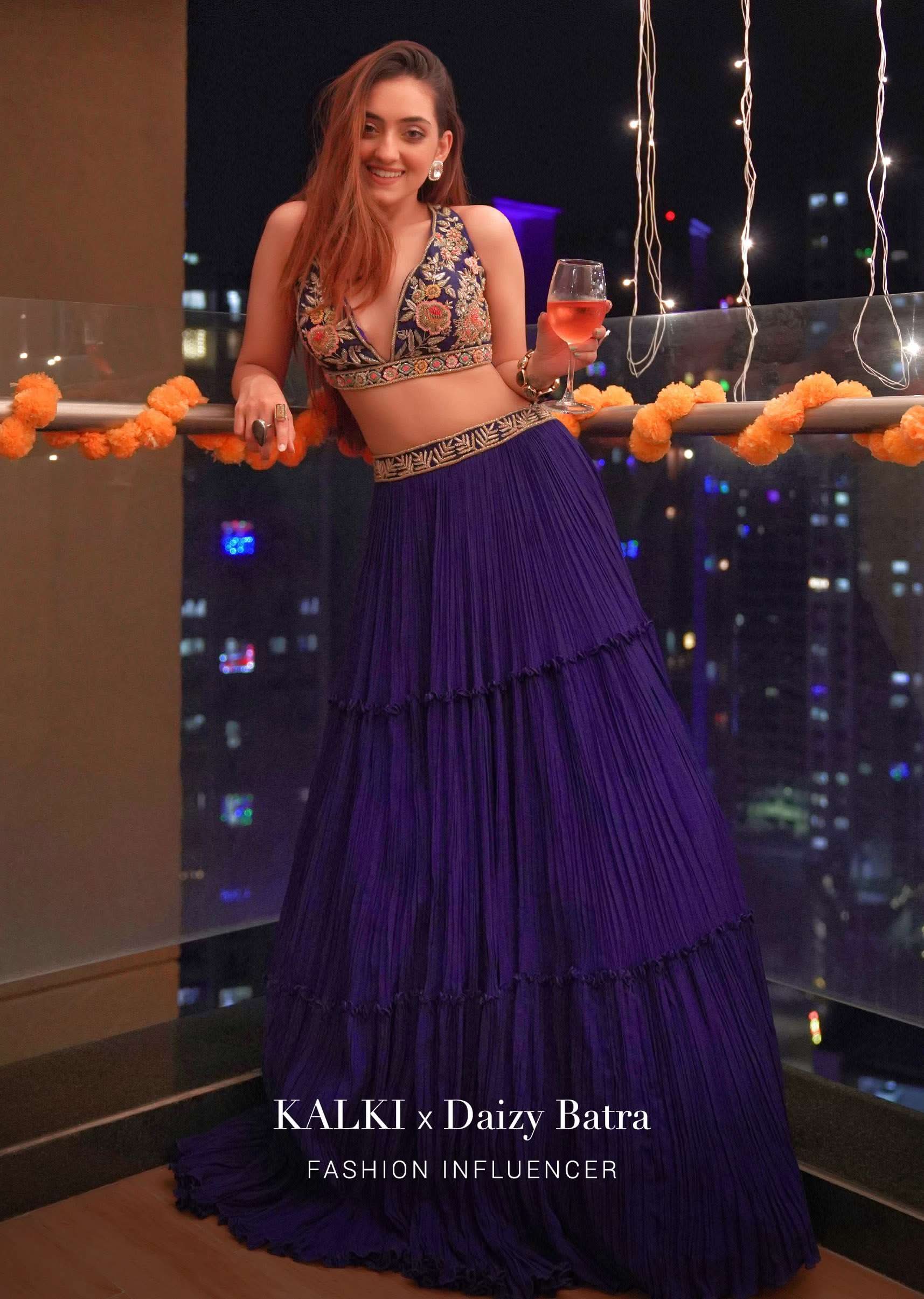 Royal Blue Lehenga Choli With Plunging Neckline And Hand Embroidered Using Multi Colored Beads And Resham - Image 5