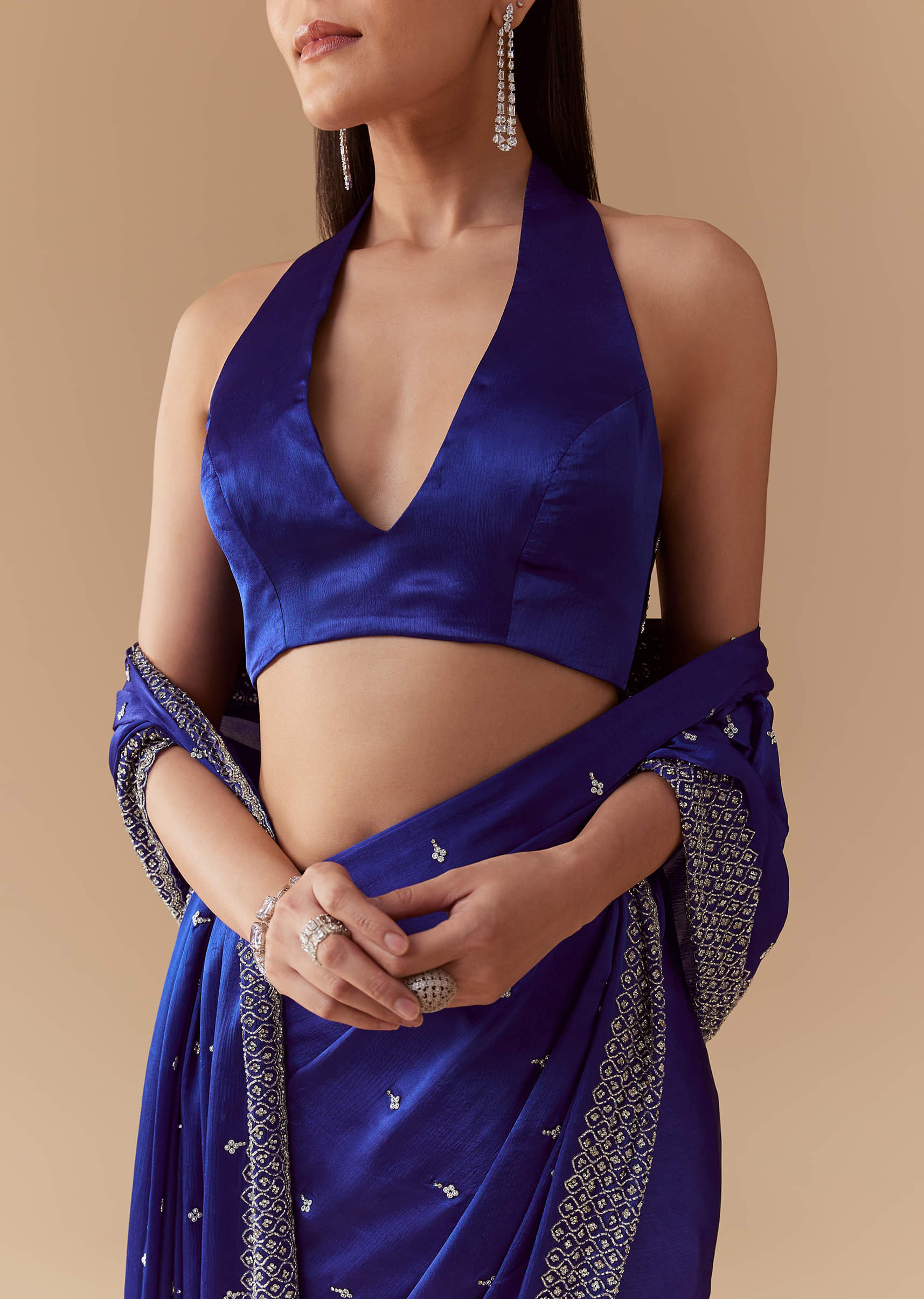 Royal Blue Mirror Embellished Saree with Unstitched Blouse - Image 2