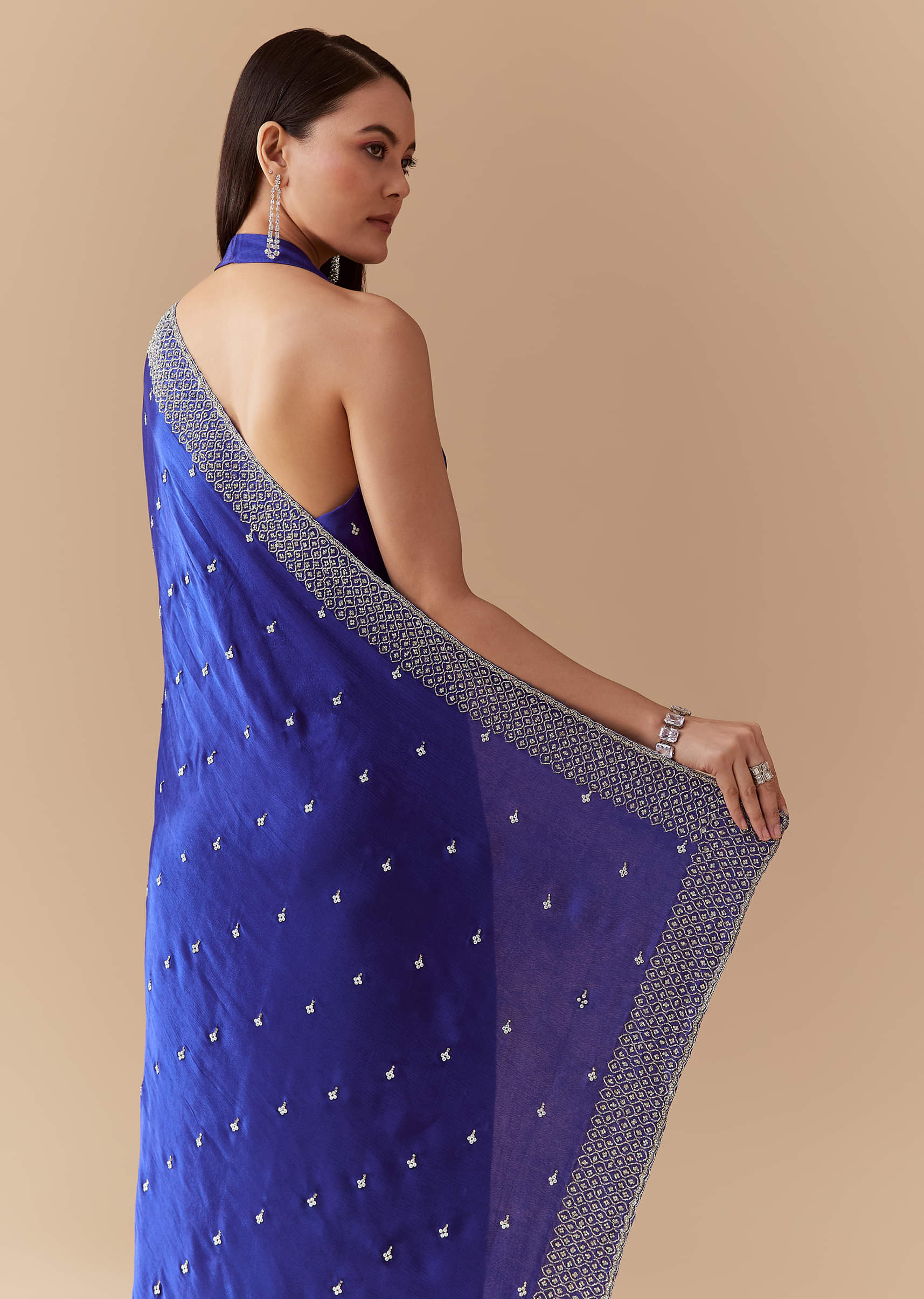 Royal Blue Mirror Embellished Saree with Unstitched Blouse - Image 6