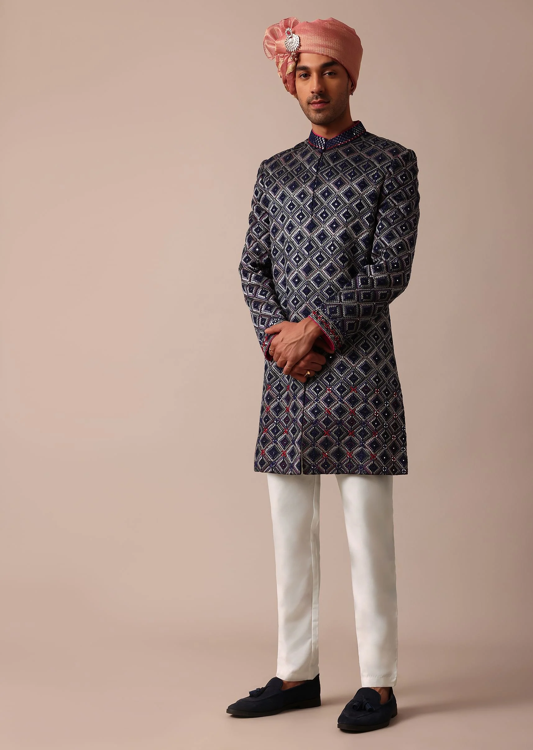 Royal Blue Silk Sherwani With Intricate Neckline Embroidery - Image 2