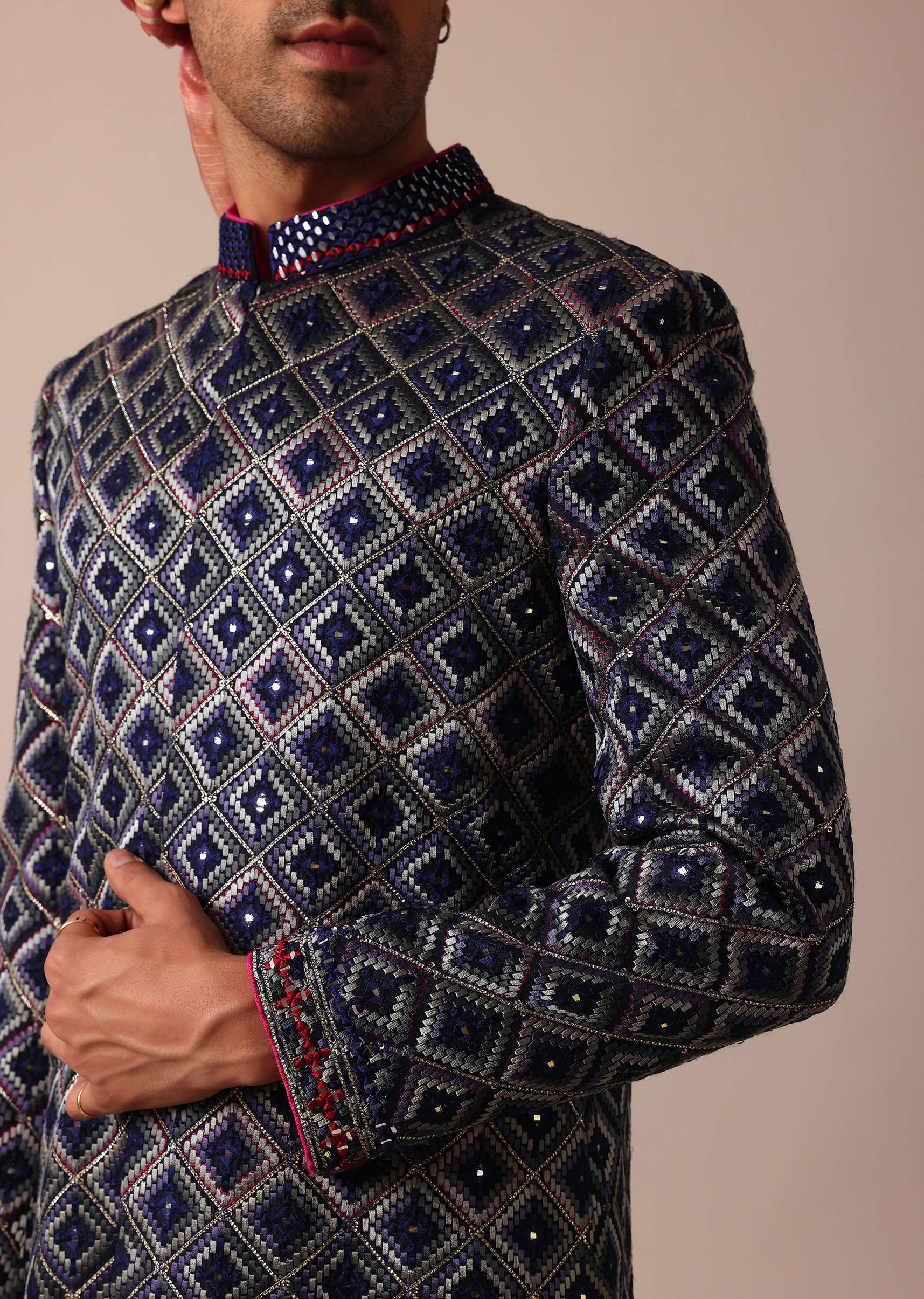 Royal Blue Silk Sherwani With Intricate Neckline Embroidery - Image 3