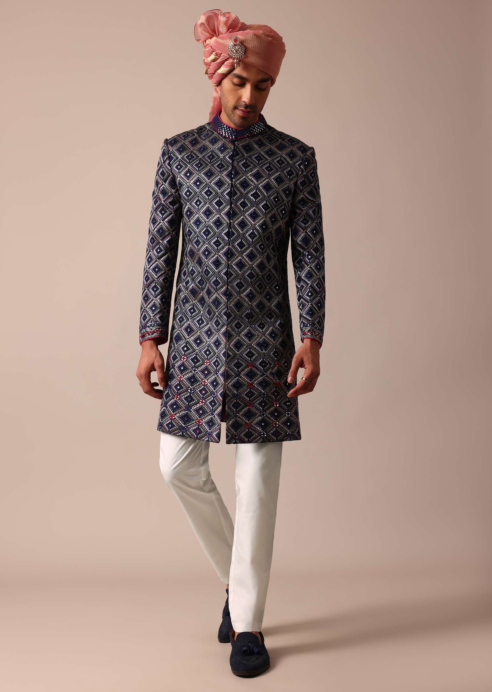 Royal Blue Silk Sherwani With Intricate Neckline Embroidery - Image 4