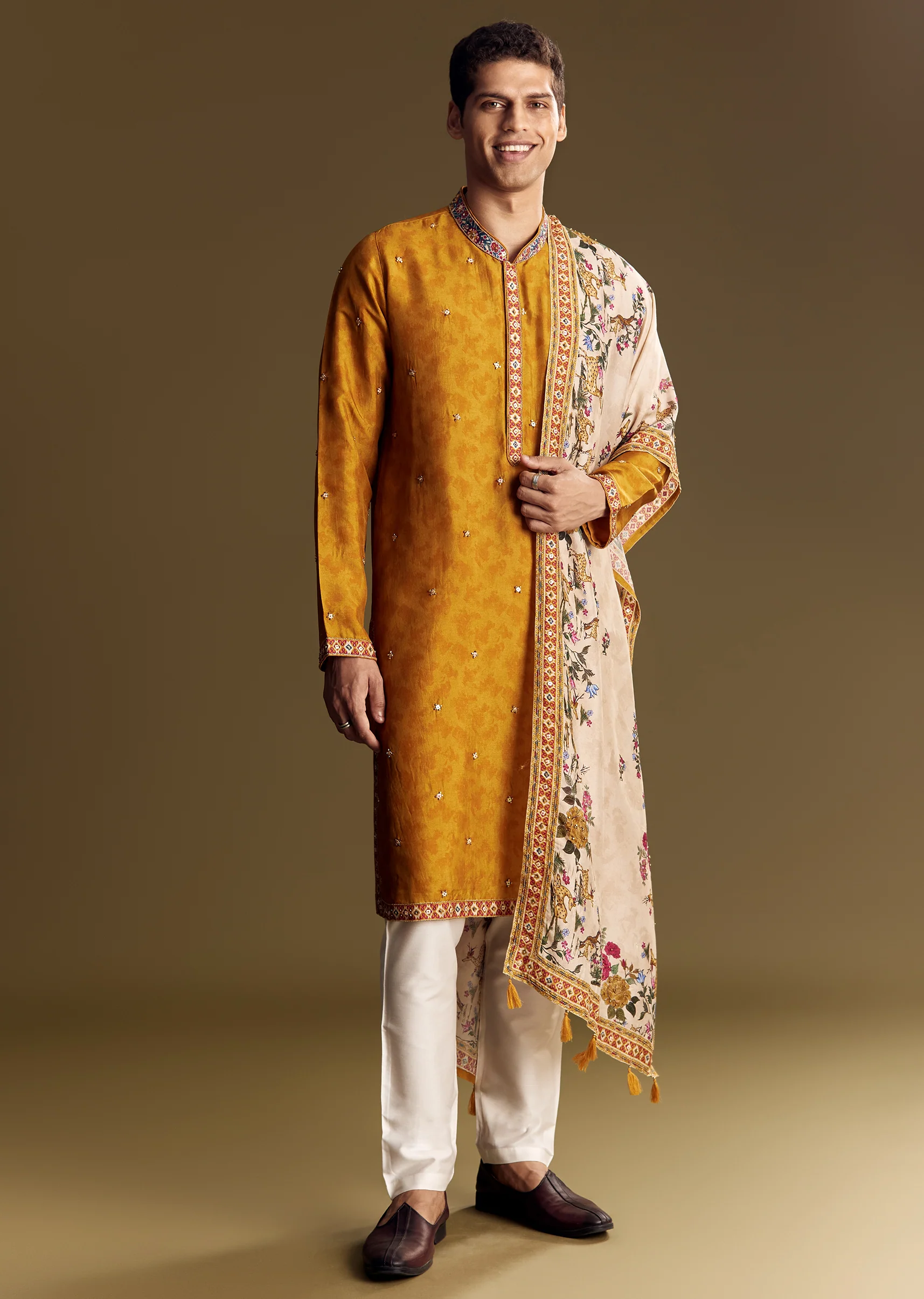 Royal Wedding Couple Set – Mustard Banarasi Silk Saree For Her And Yellow Kurta Set For Him - Image 10