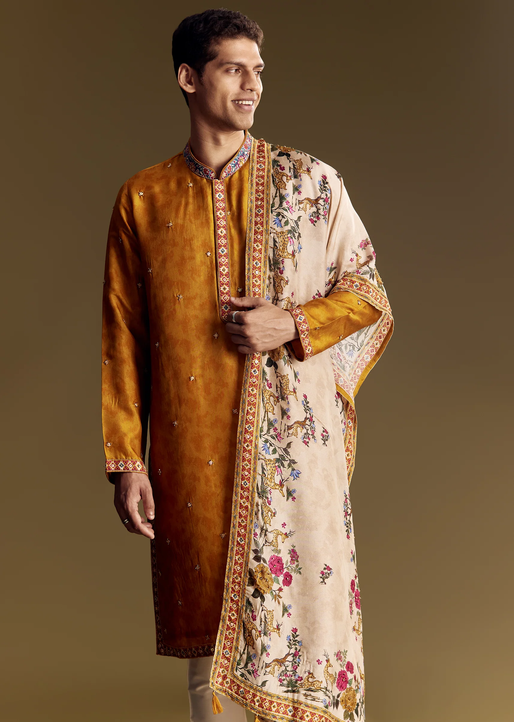Royal Wedding Couple Set – Mustard Banarasi Silk Saree For Her And Yellow Kurta Set For Him - Image 11