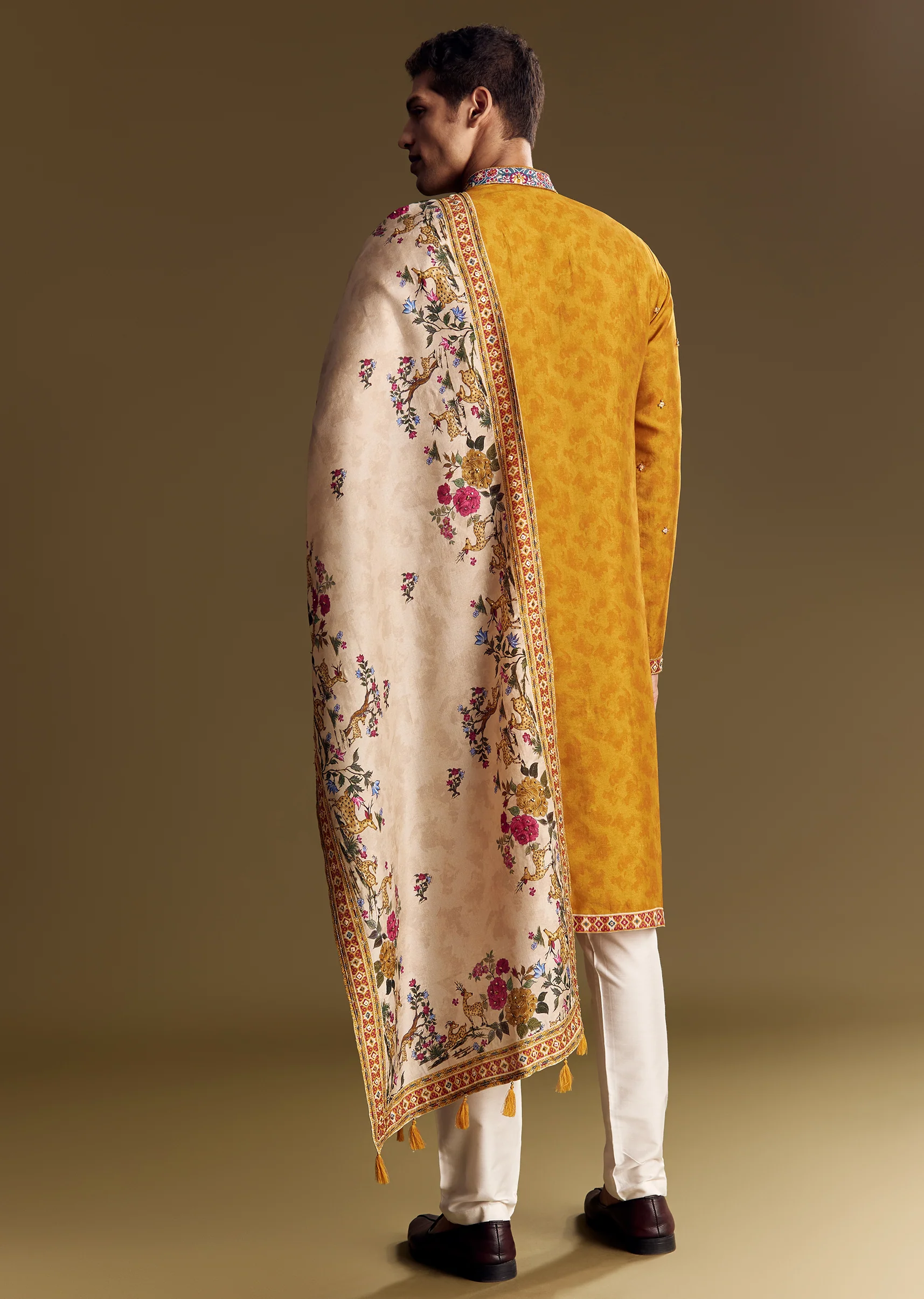 Royal Wedding Couple Set – Mustard Banarasi Silk Saree For Her And Yellow Kurta Set For Him - Image 12