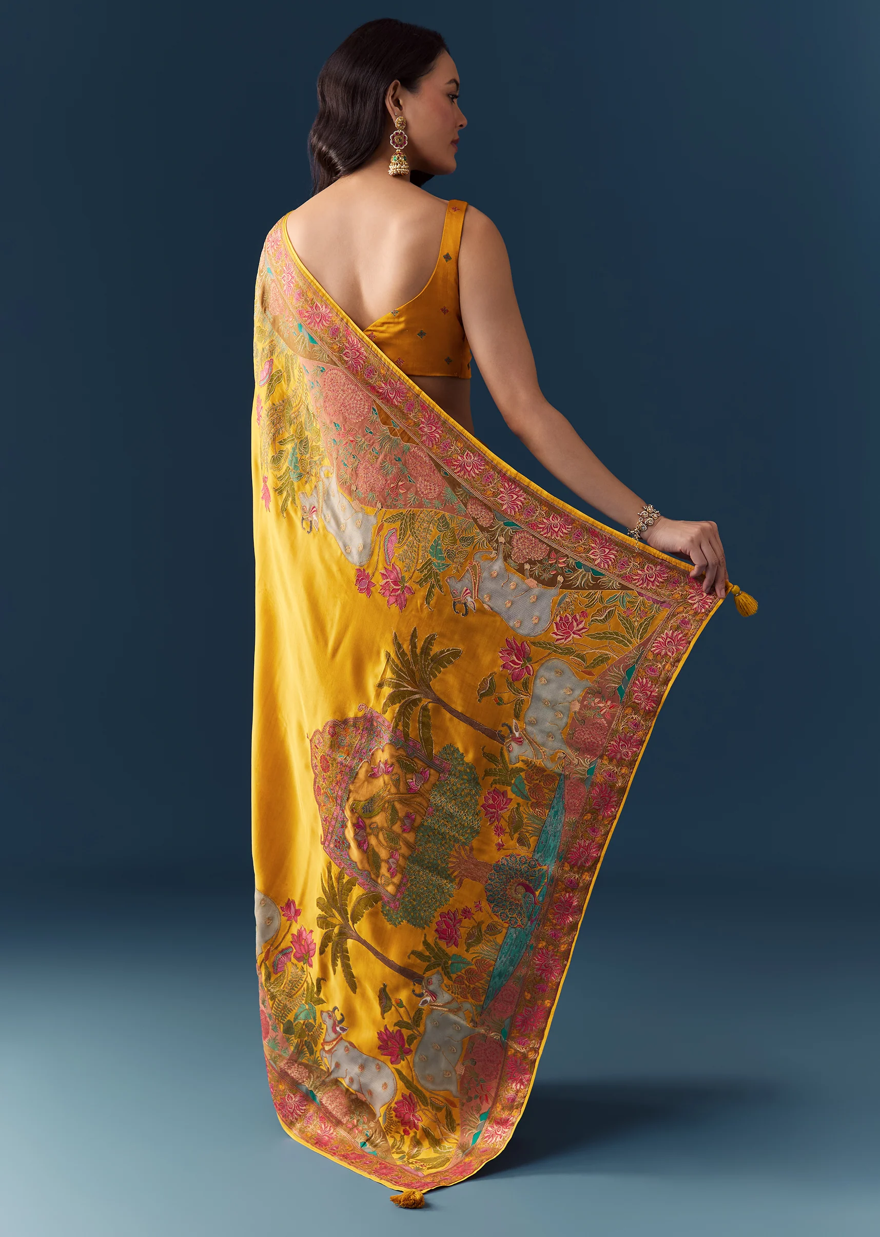 Royal Wedding Couple Set – Mustard Banarasi Silk Saree For Her And Yellow Kurta Set For Him - Image 4