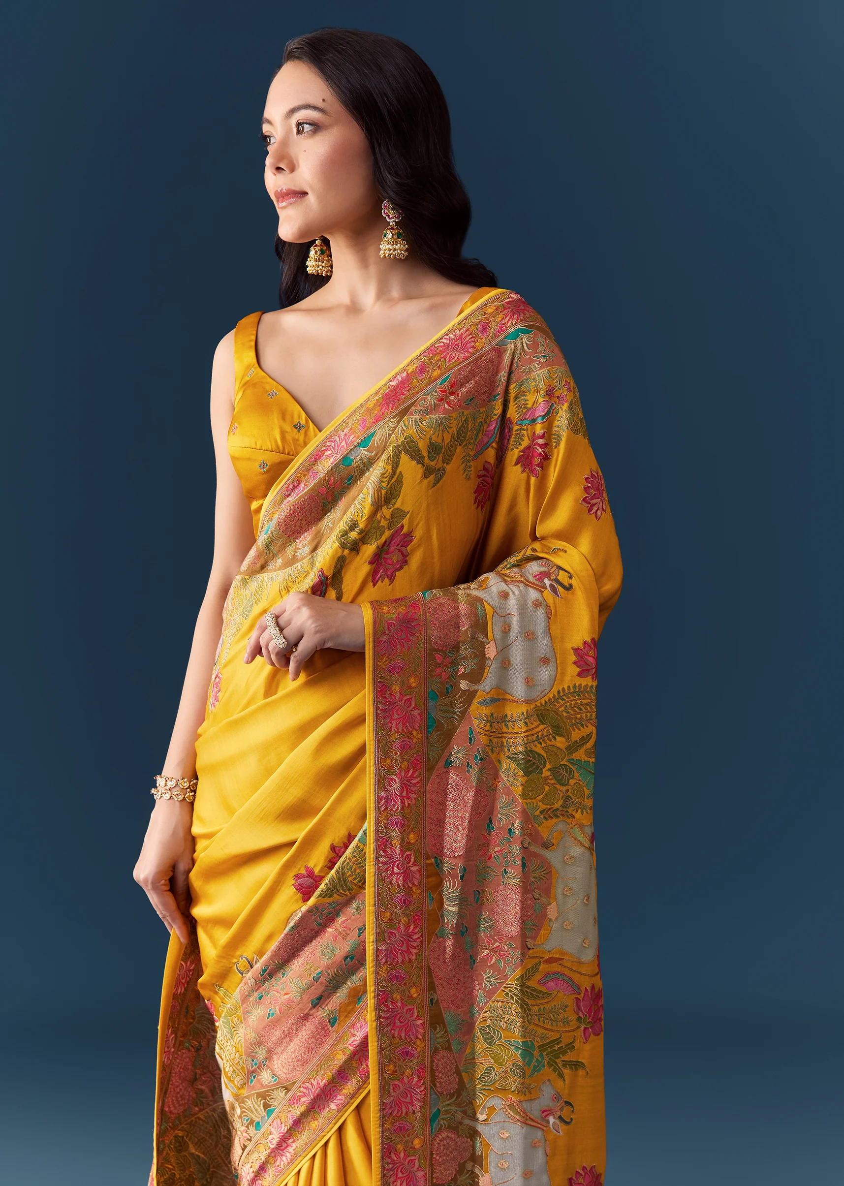 Royal Wedding Couple Set – Mustard Banarasi Silk Saree For Her And Yellow Kurta Set For Him - Image 5
