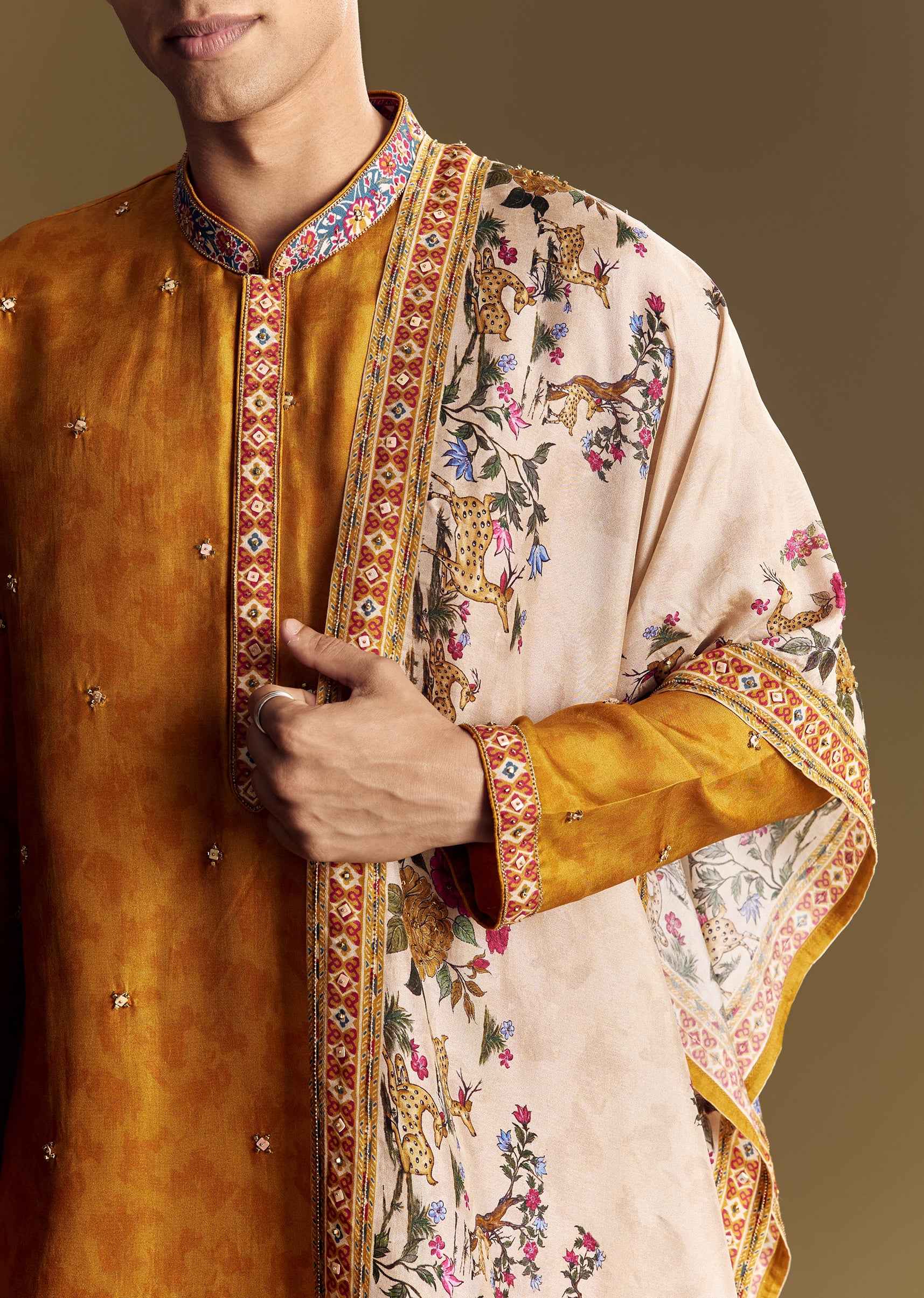 Royal Wedding Couple Set – Mustard Banarasi Silk Saree For Her And Yellow Kurta Set For Him - Image 9