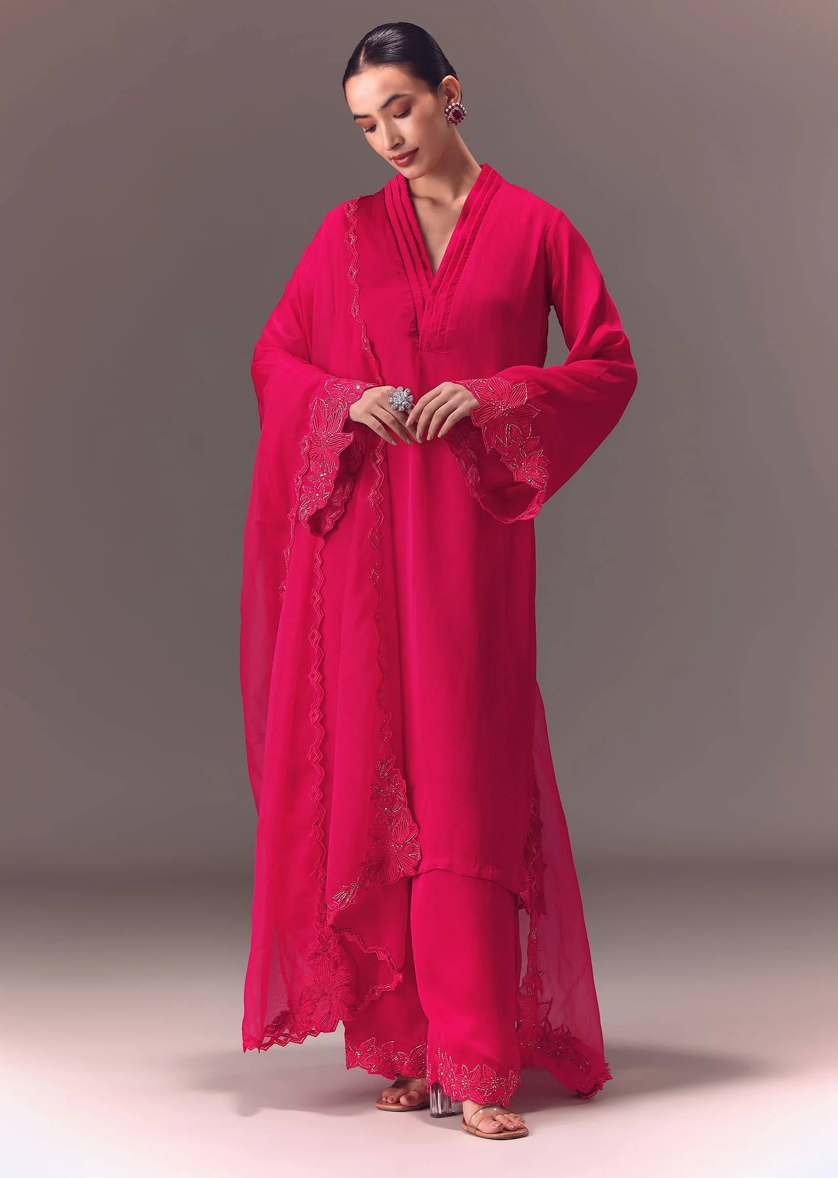 Ruby Pink Organza Kurta Set With Bell Sleeves - Image 2