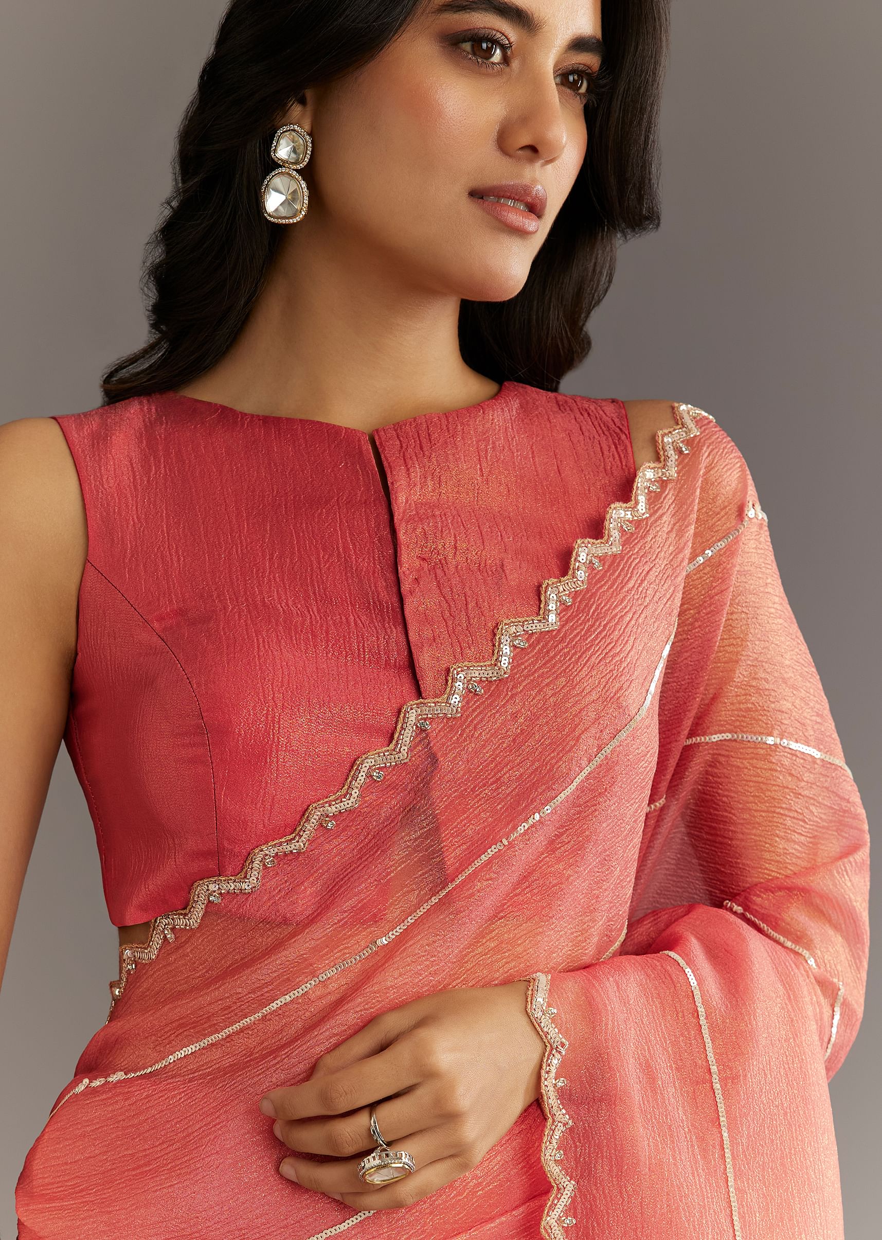 Rush Peach Crushed Tissue Saree With Scallop Embroidered Border - Image 2