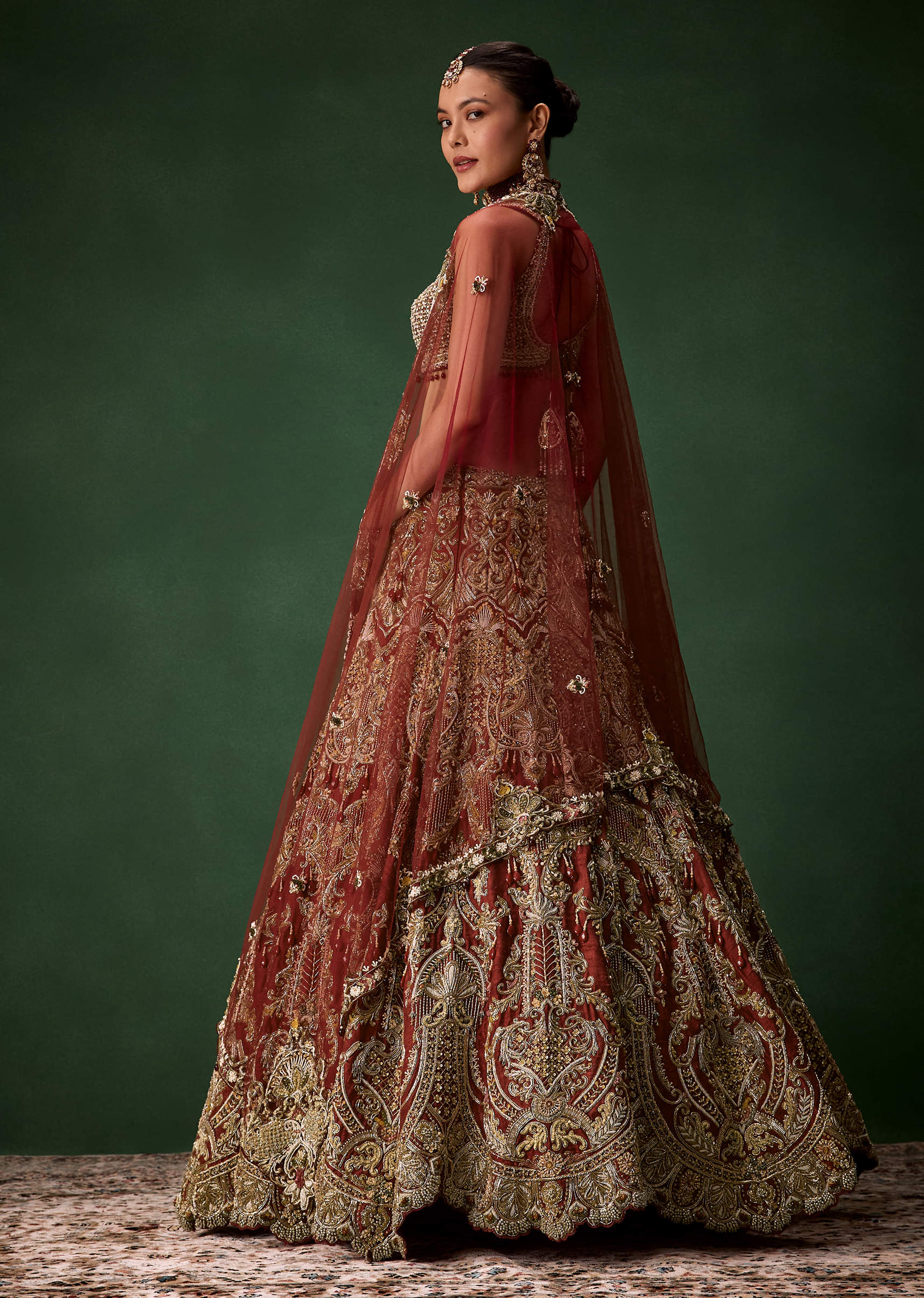 Rust Bridal Silk Embellished Lehenga Set with Two Dupattas - Image 2