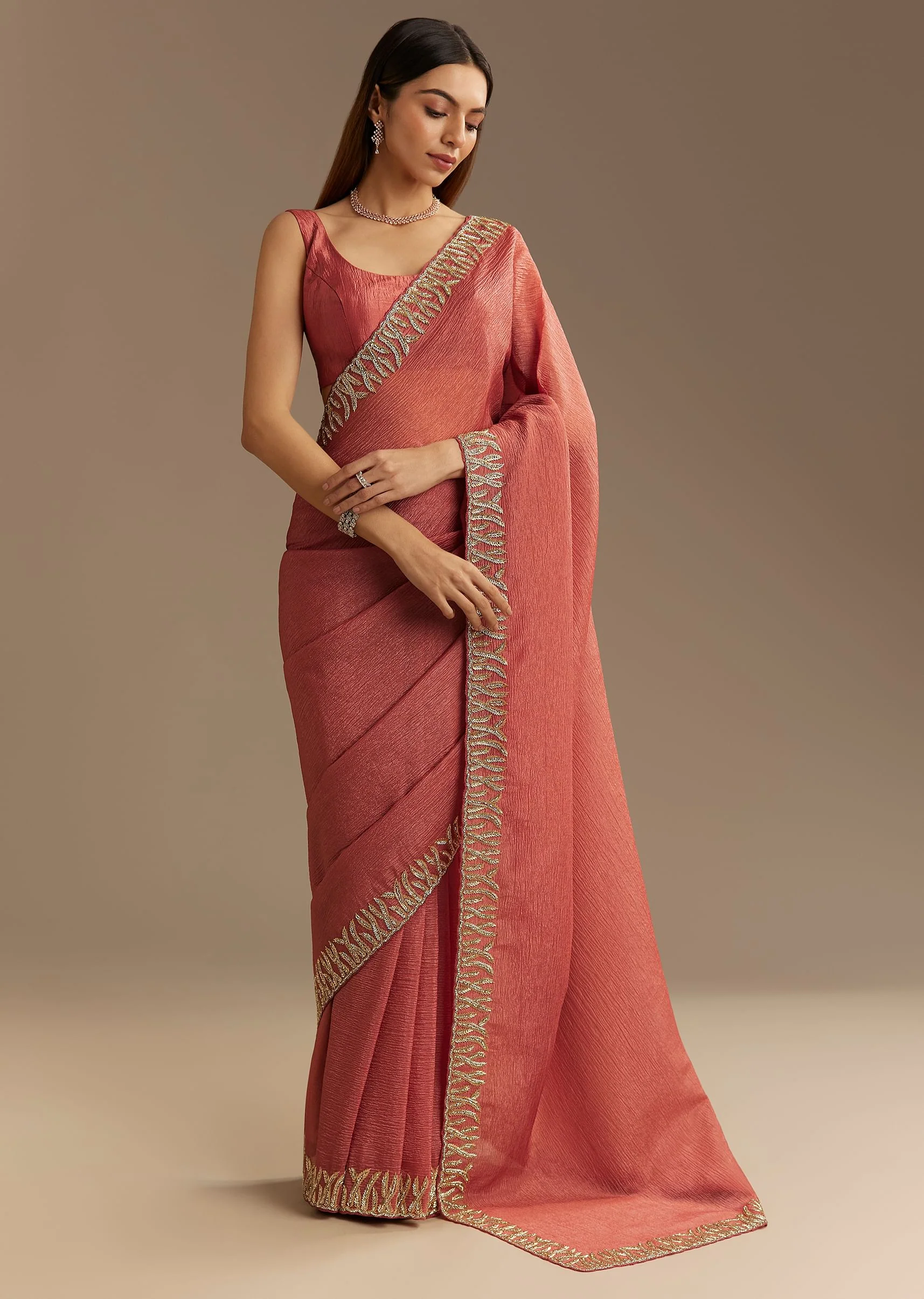 Rust Brown Crushed Tissue Saree With Scallop Border And Stone Embroidery - Image 5