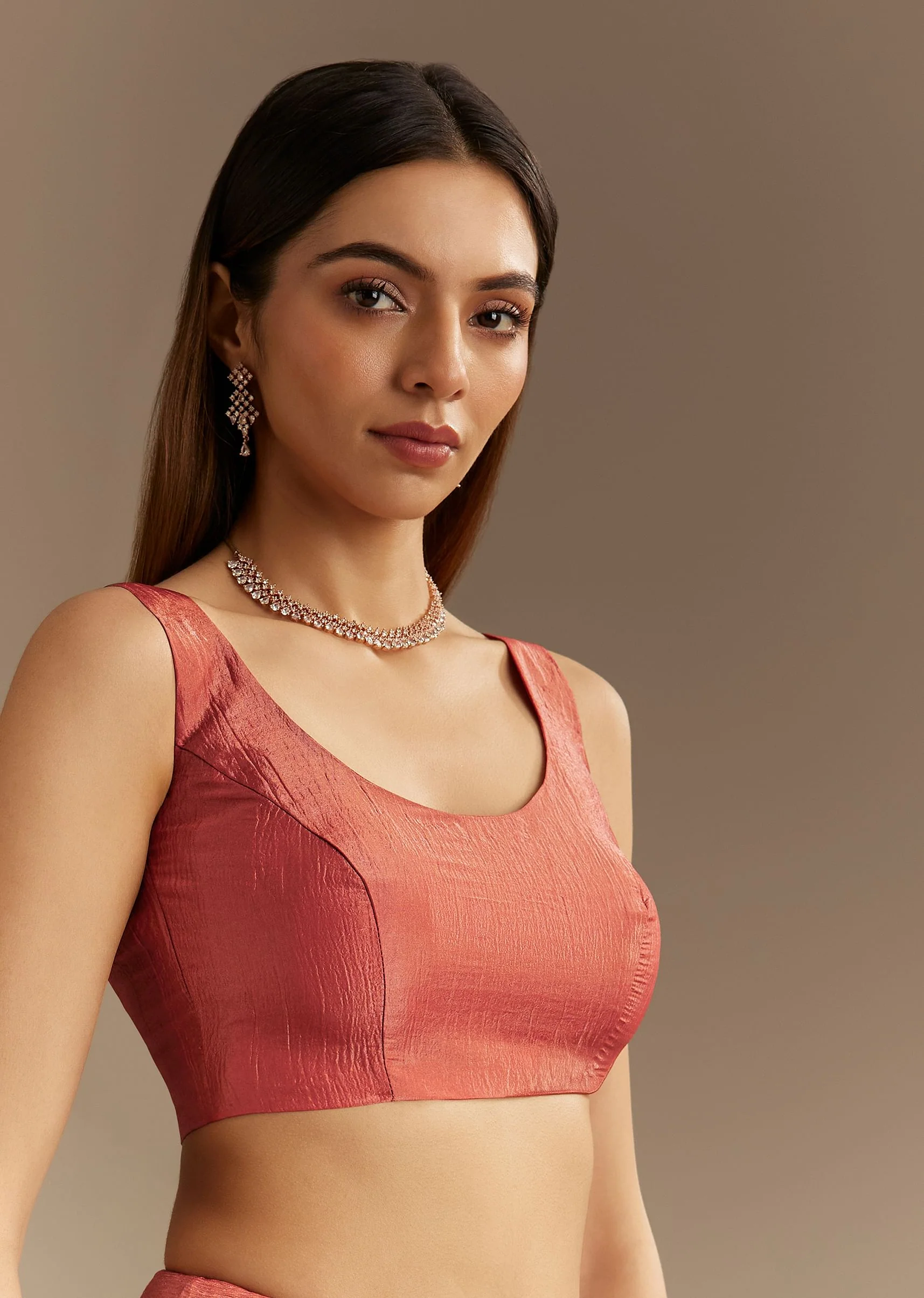 Rust Brown Crushed Tissue Saree With Scallop Border And Stone Embroidery - Image 7