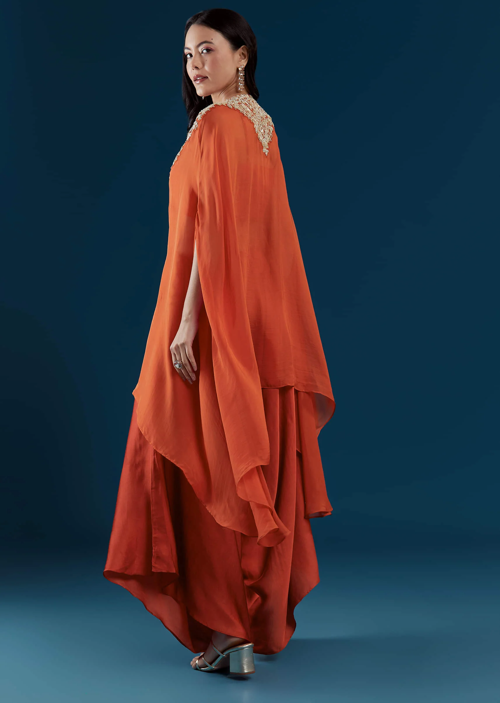 Rust Cape and Palazzo Set with Zardozi Work - Image 5