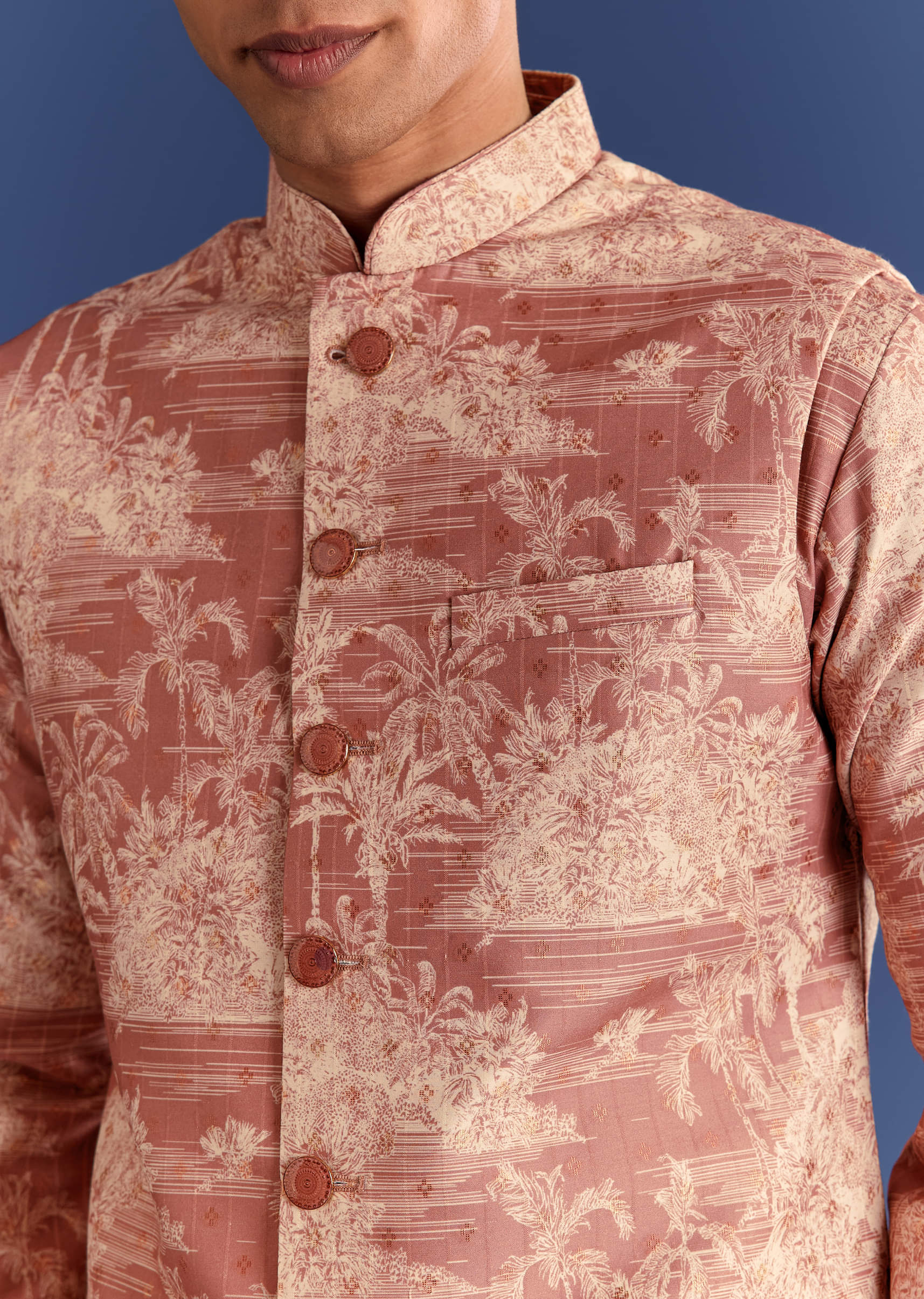 Rust Cotton Silk Kurta Jacket Set With Coastal Print - Image 2