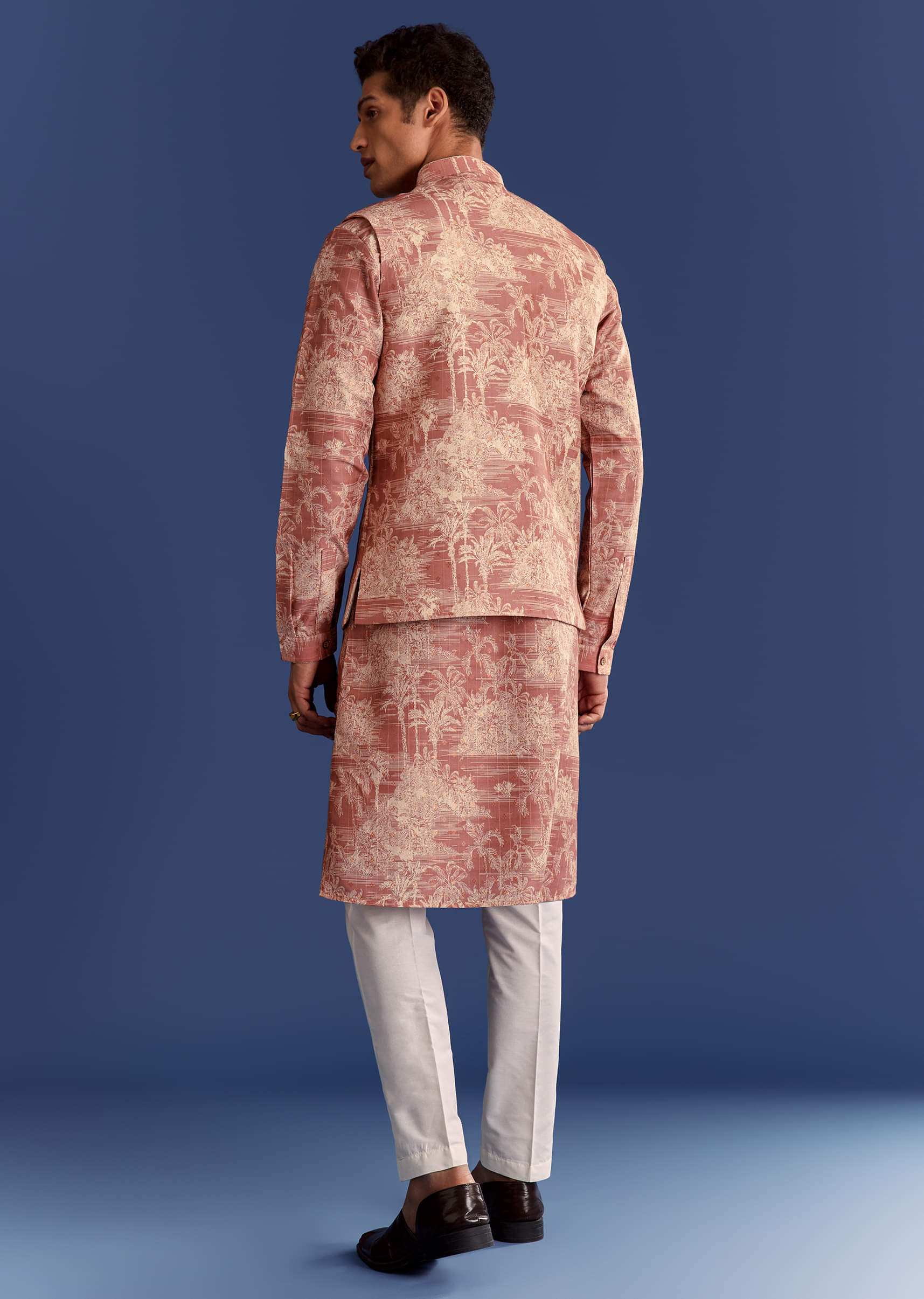Rust Cotton Silk Kurta Jacket Set With Coastal Print - Image 5