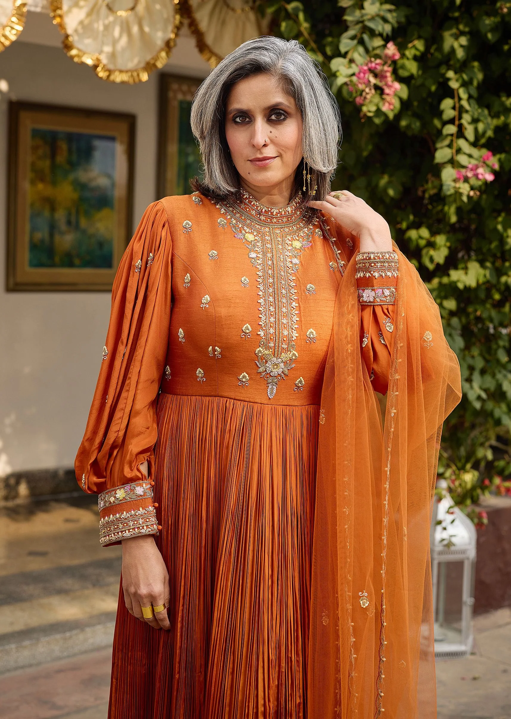 Rust Crepe Anarkali Suit With Pleated Sleeves And Net Dupatta - Image 3