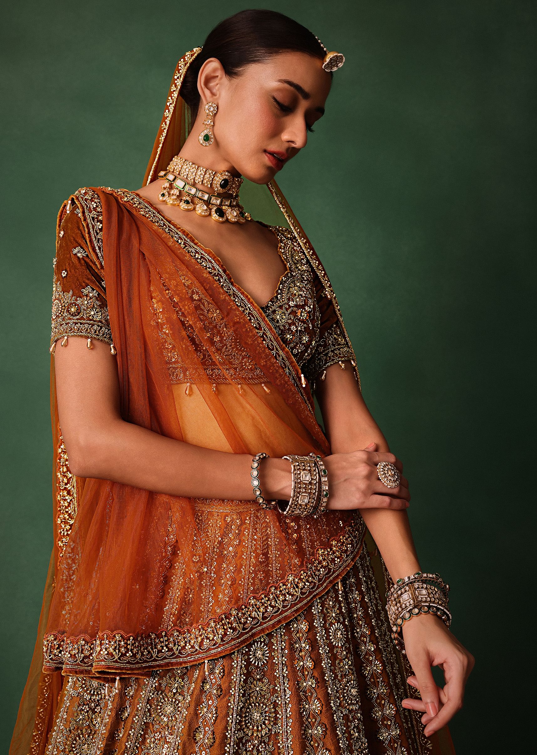 Rust Embroidered Bridal Lehenga With Deep Neckline Blouse And Dupatta - Image 2
