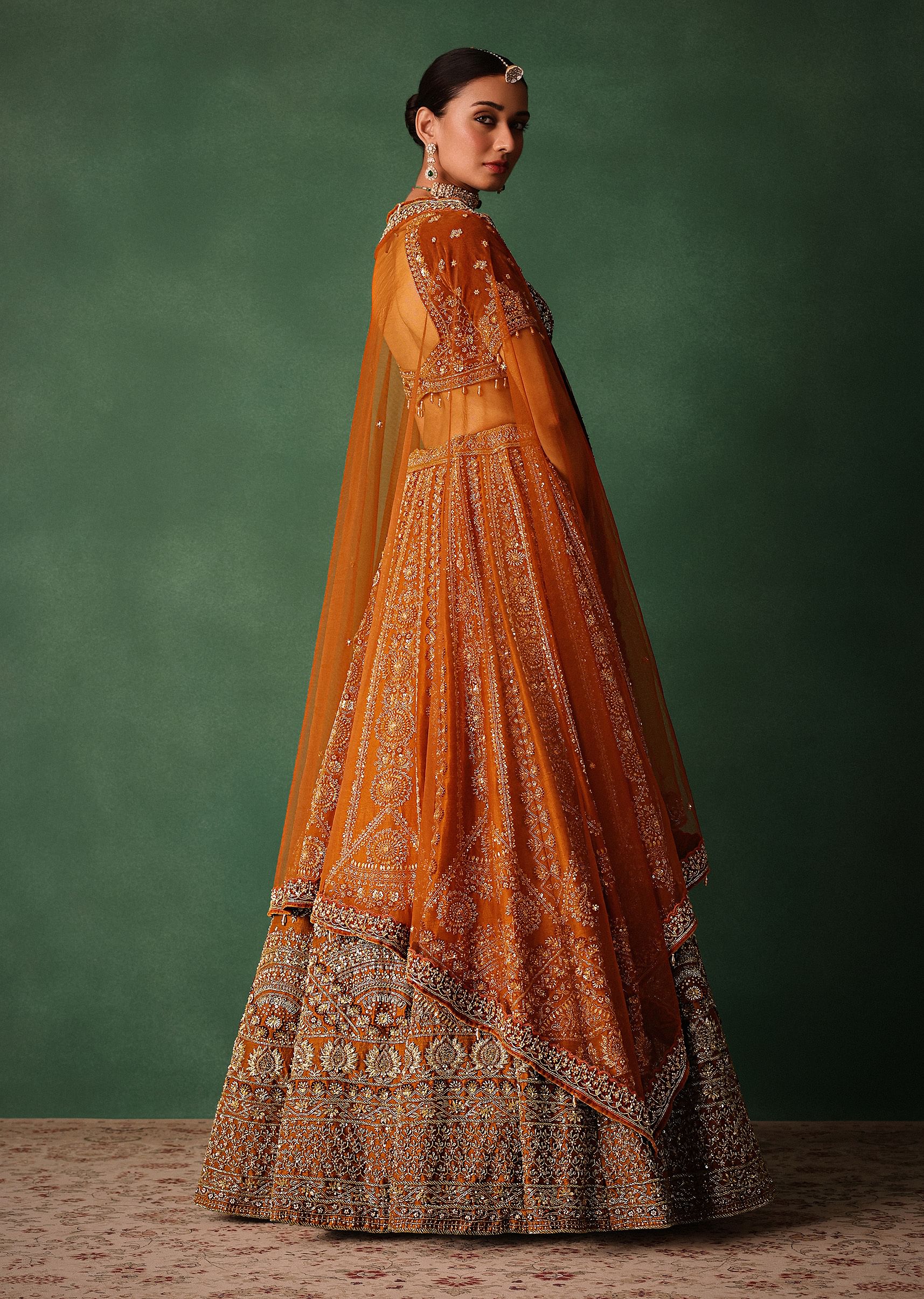 Rust Embroidered Bridal Lehenga With Deep Neckline Blouse And Dupatta - Image 6