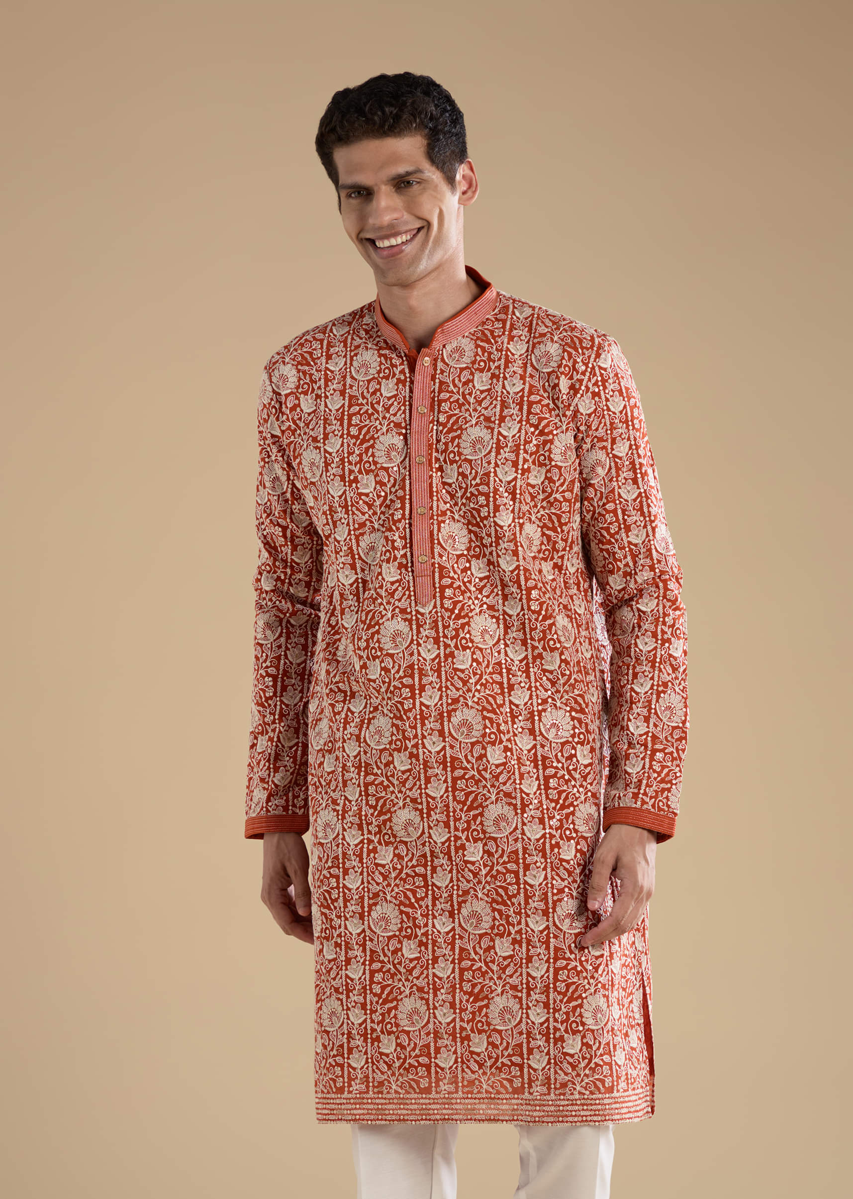 Rust Embroidered Silk Kurta Set with Dupatta - Image 6