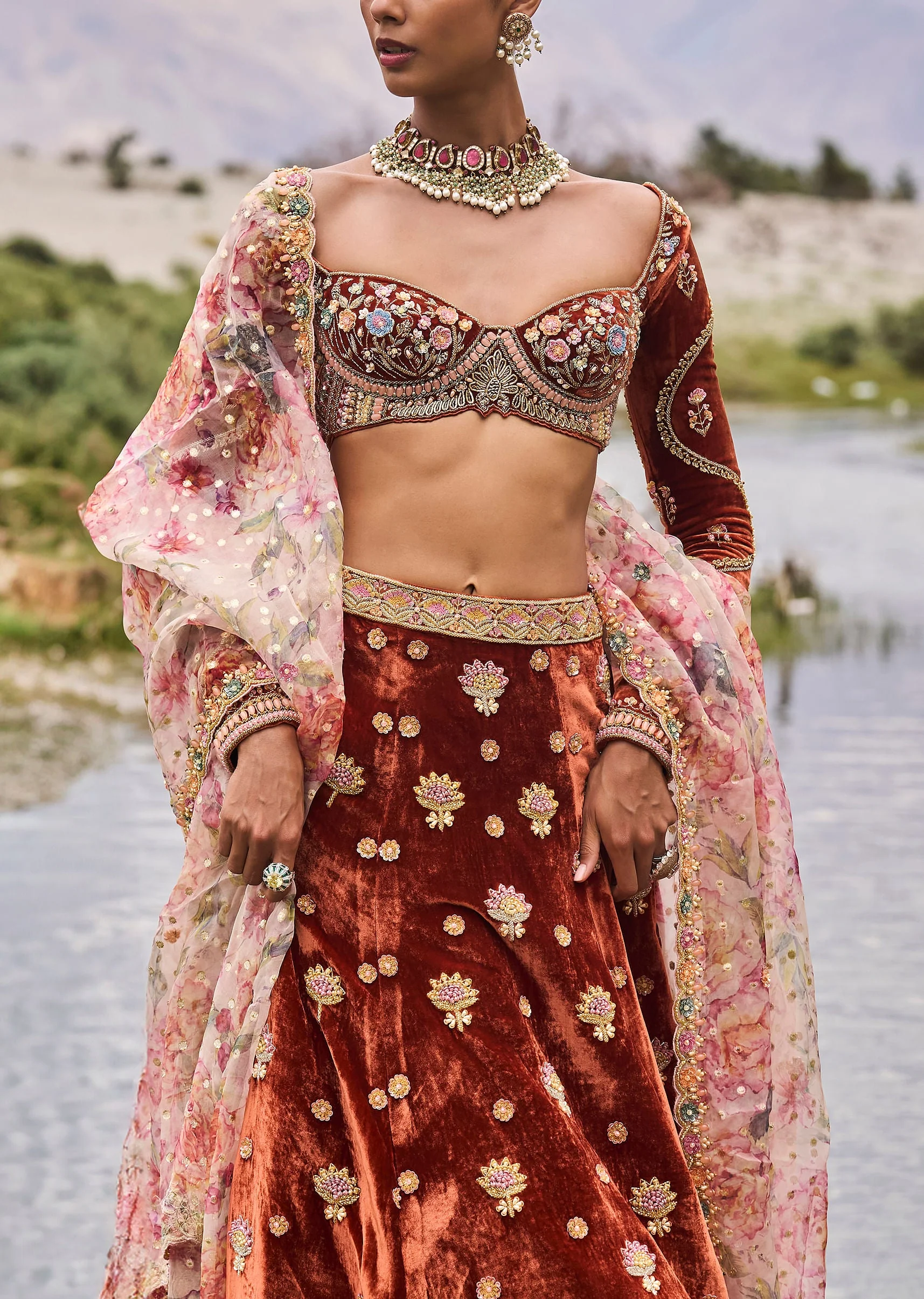 Rust Embroidered Velvet Lehenga And Blouse With Dupatta - Image 3