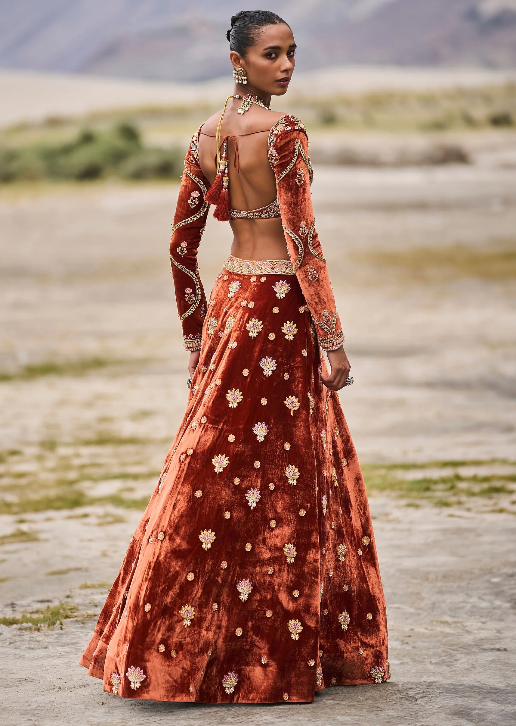 Rust Embroidered Velvet Lehenga And Blouse With Dupatta - Image 4