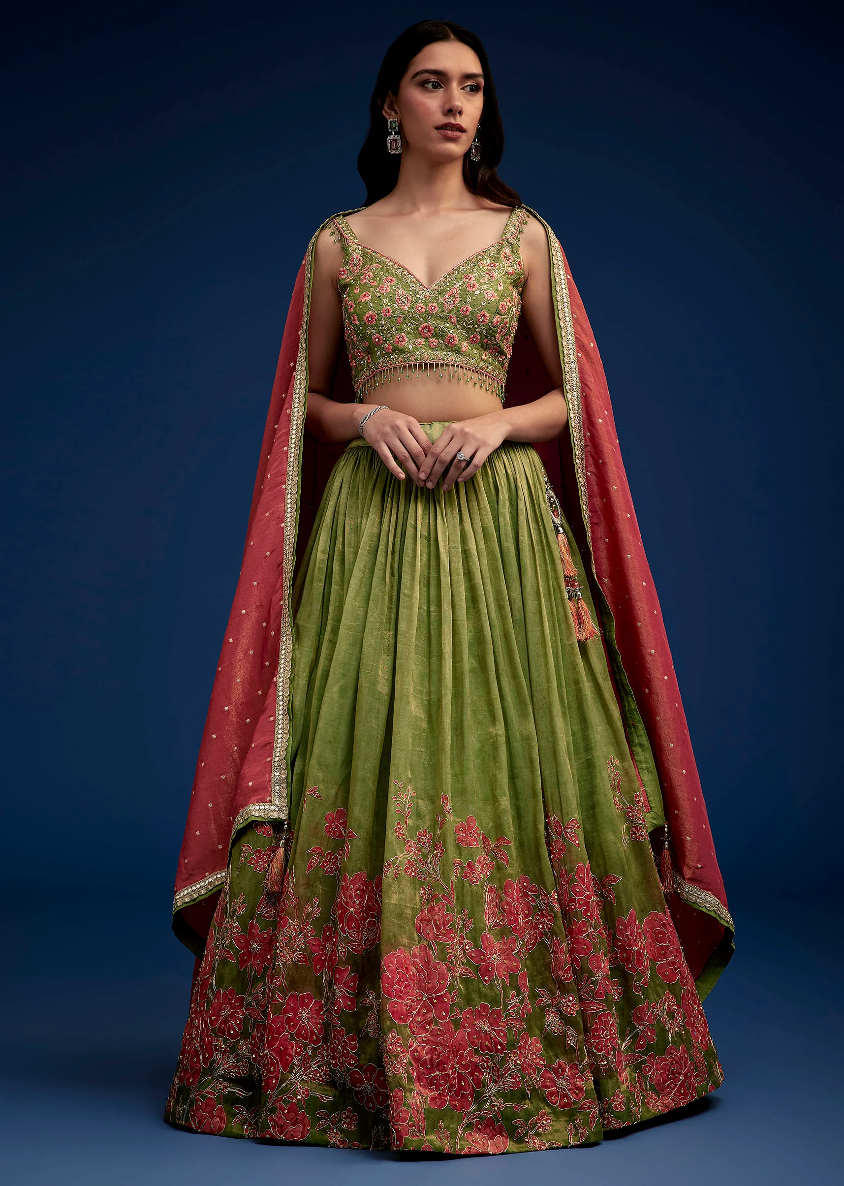 Rust Green Embroidered Lehenga Choli Set With Dupatta - Image 3