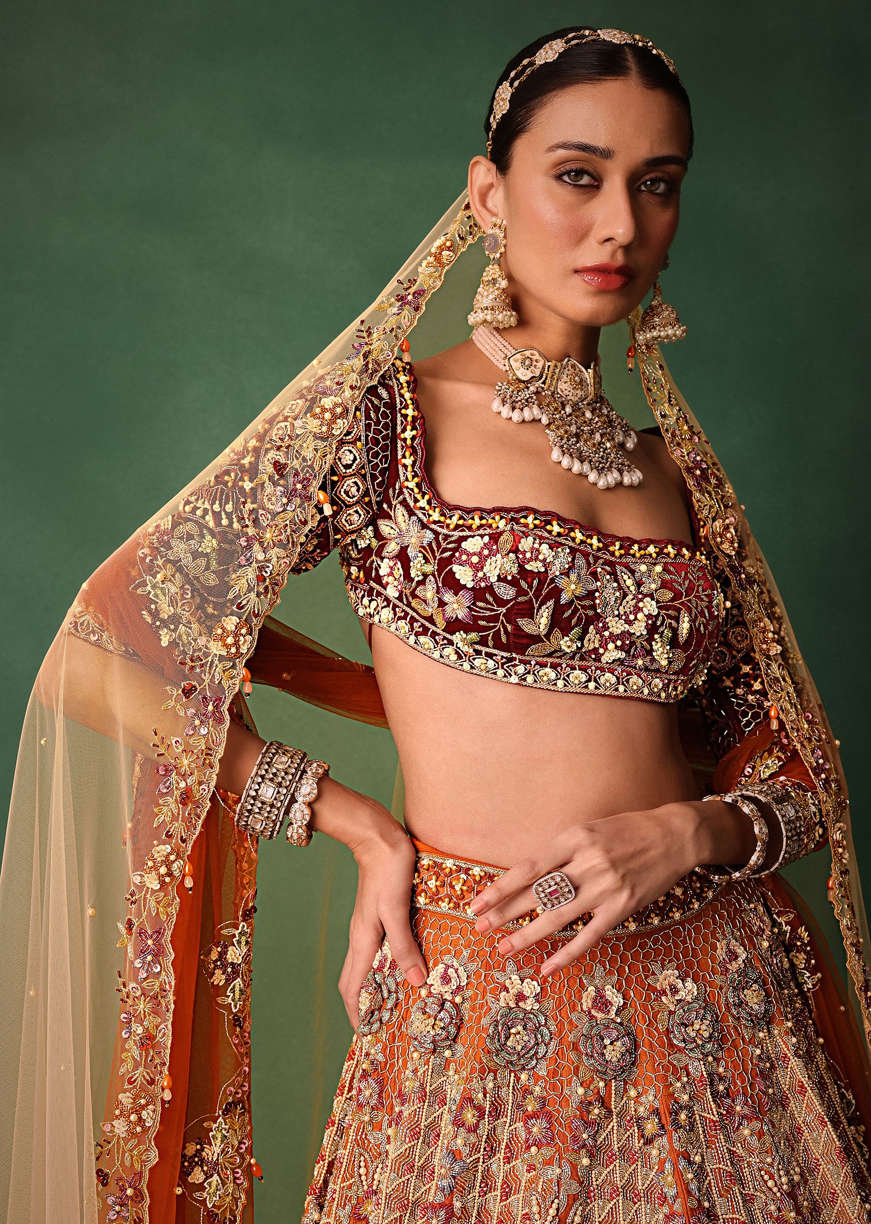 Rust Hand Work Lehenga With Velvet Blouse And Dupatta - Image 2