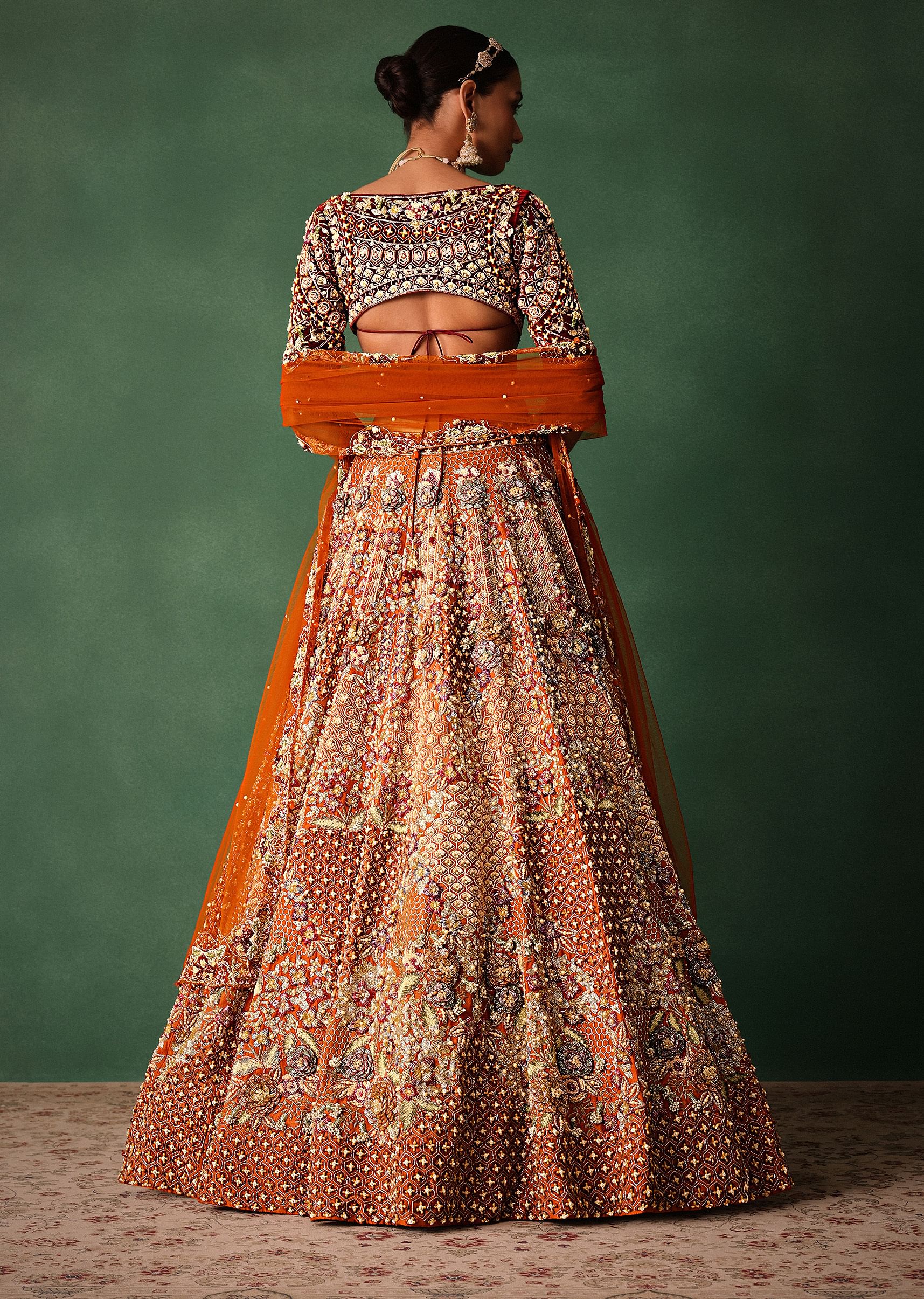 Rust Hand Work Lehenga With Velvet Blouse And Dupatta - Image 5