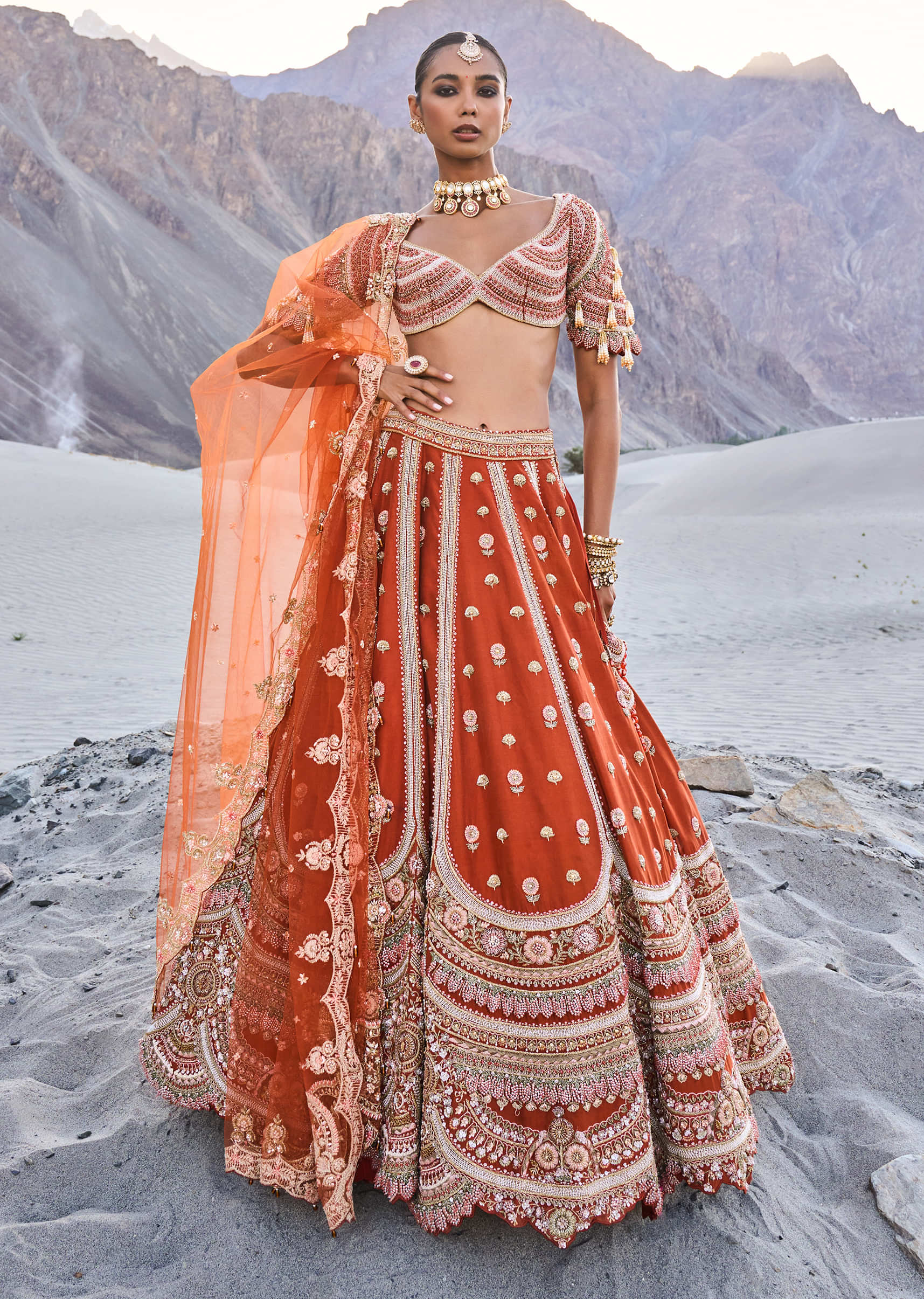 Rust Lehenga With Moti Embroidered Two Dupattas - Image 4