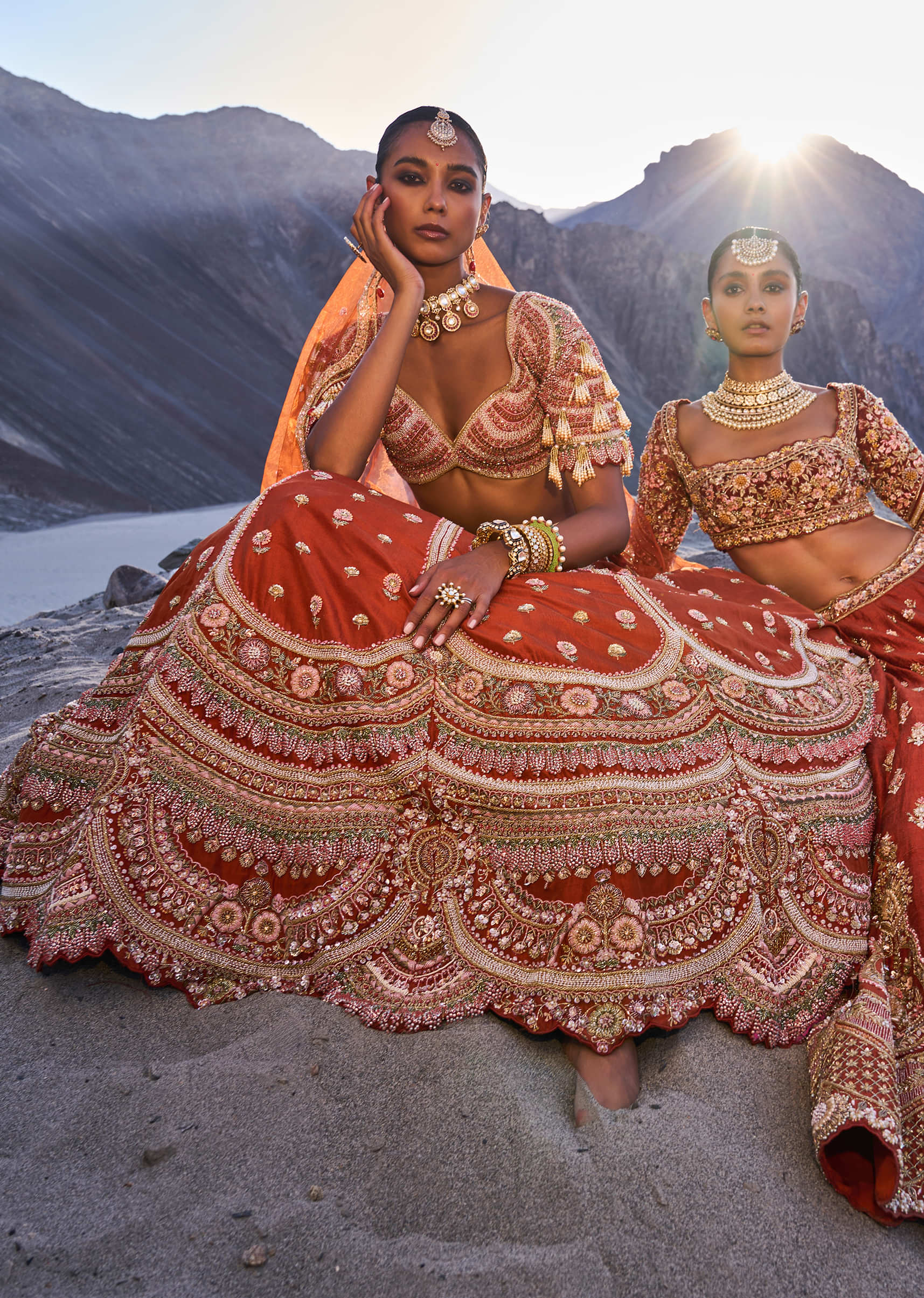 Rust Lehenga With Moti Embroidered Two Dupattas - Image 6