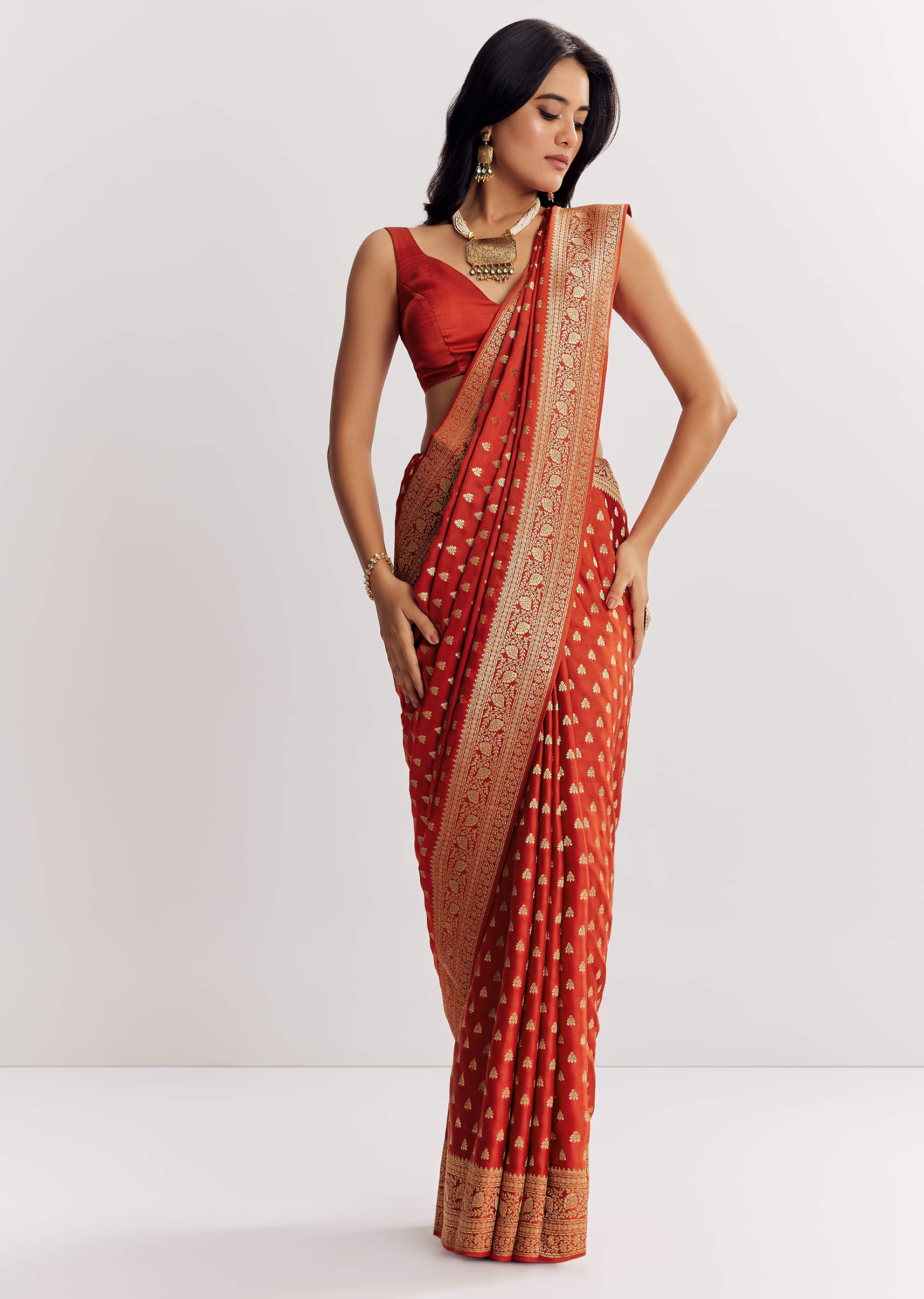 Rust Orange Dola Silk Saree With Butti And Woven Border - Image 3