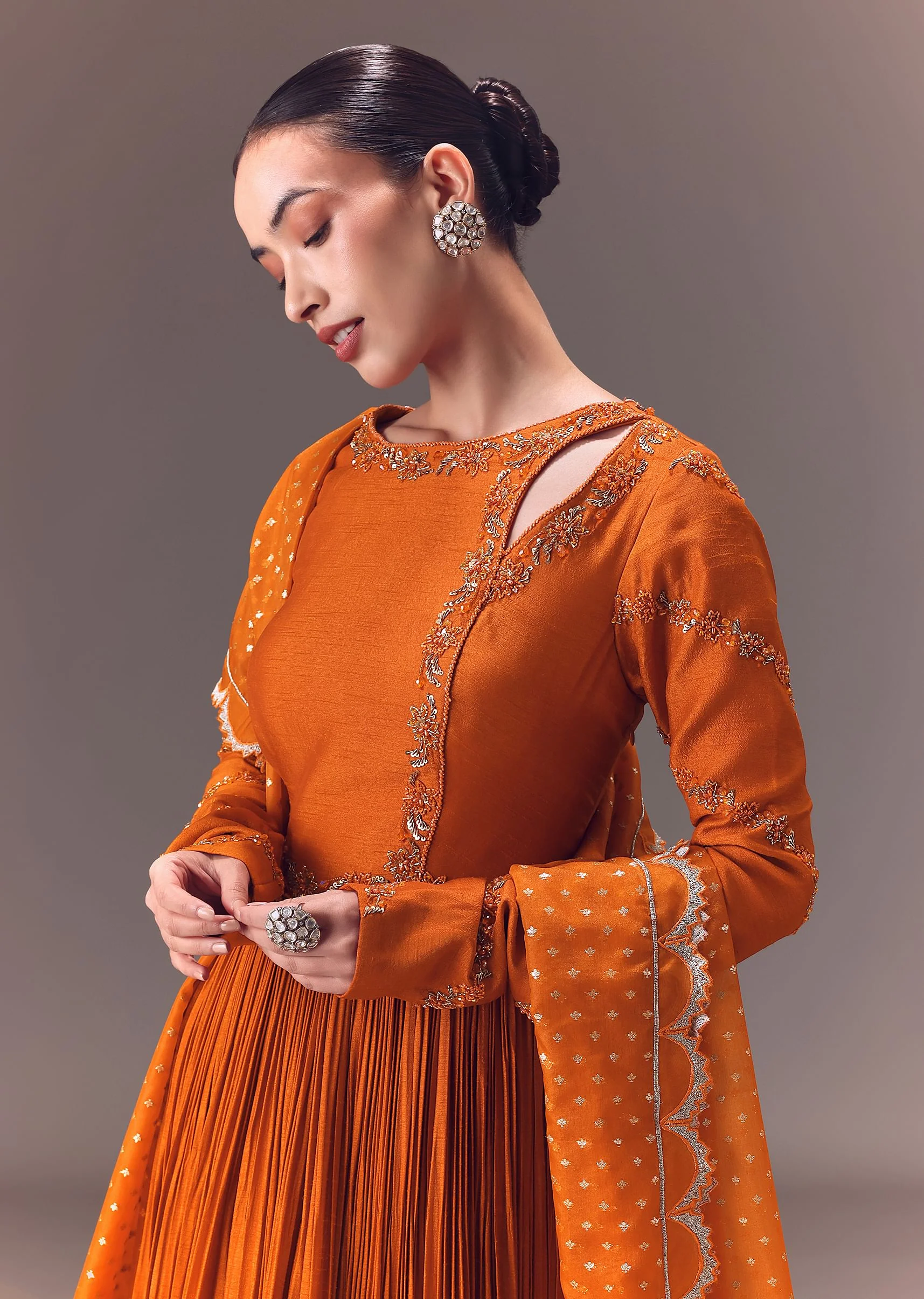 Rust Orange Ruched Embroidered Anarkali With Dupatta - Image 2