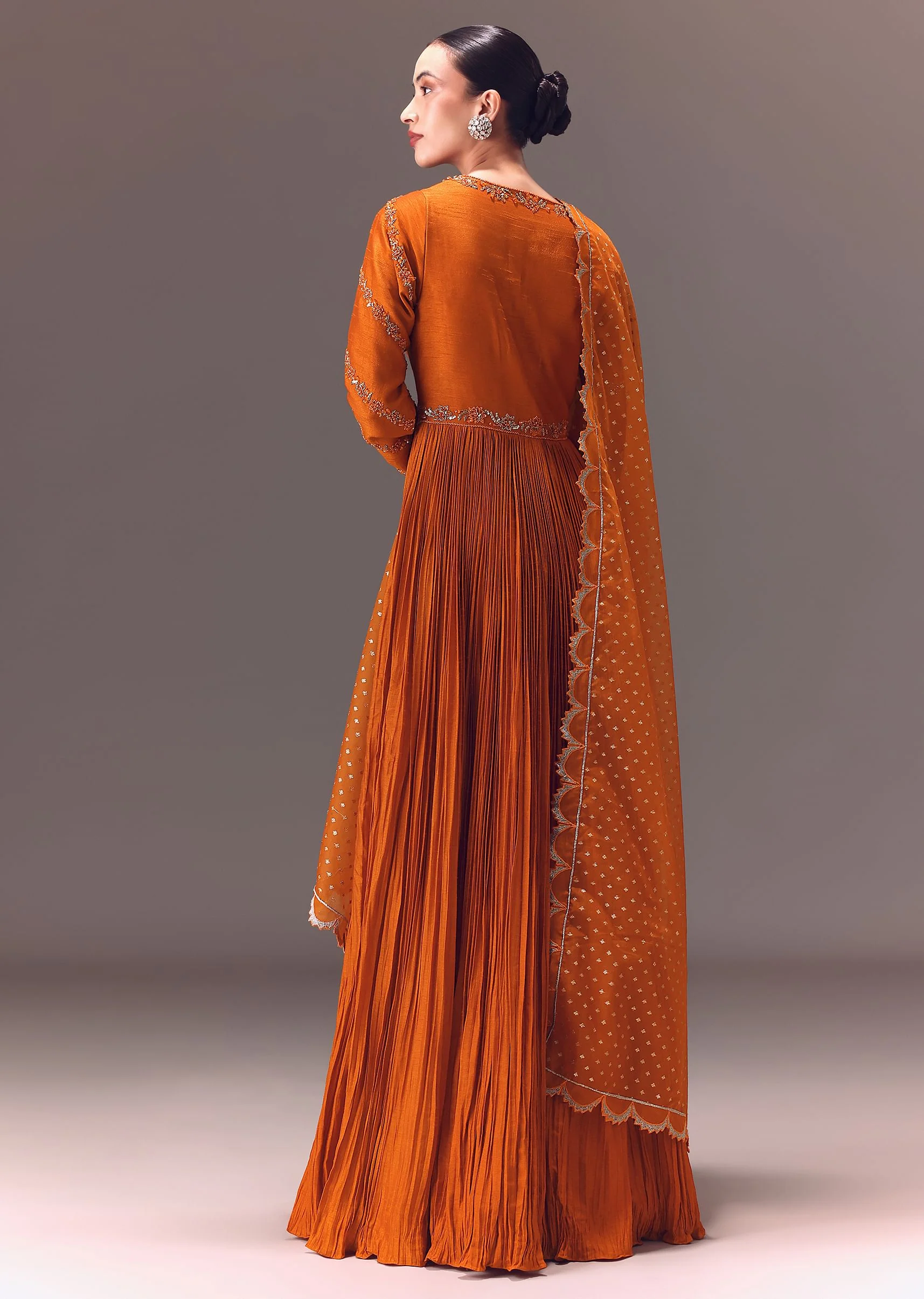 Rust Orange Ruched Embroidered Anarkali With Dupatta - Image 5