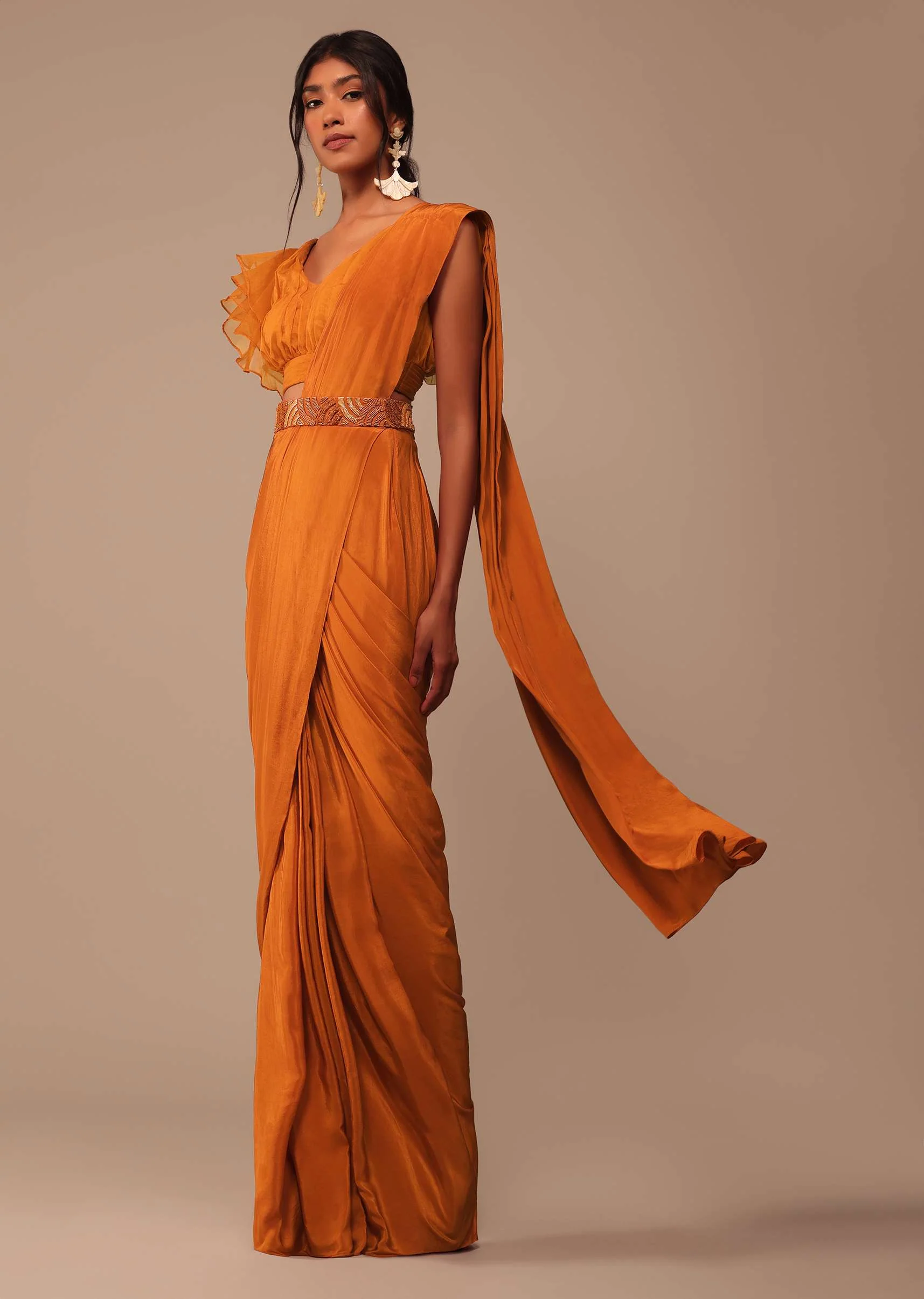 Rust Orange Pre Drape Saree With Fancy Ruffle Blouse And Embroidered Belt