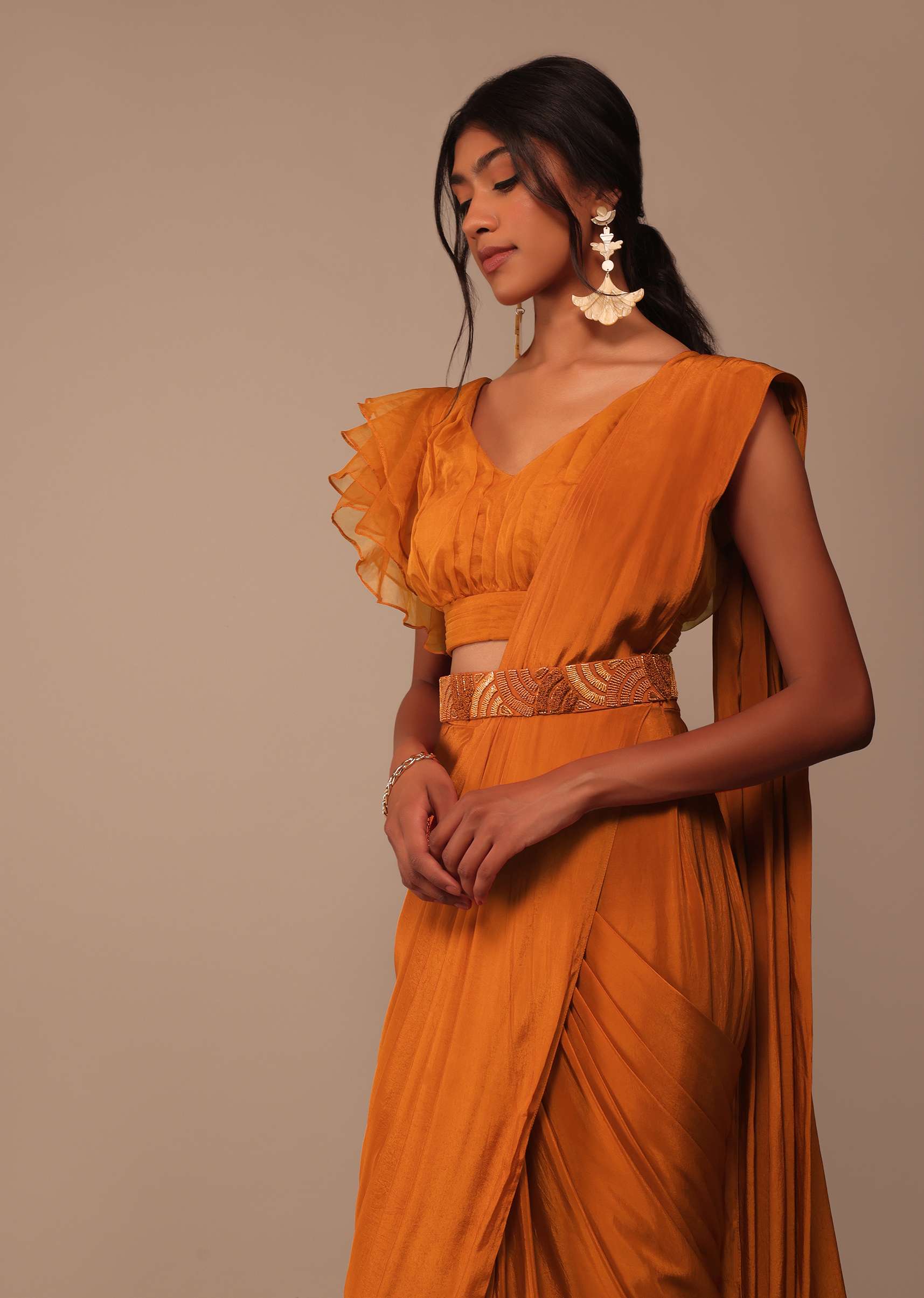 Rust Orange Pre Drape Saree With Fancy Ruffle Blouse And Embroidered Belt - Image 2