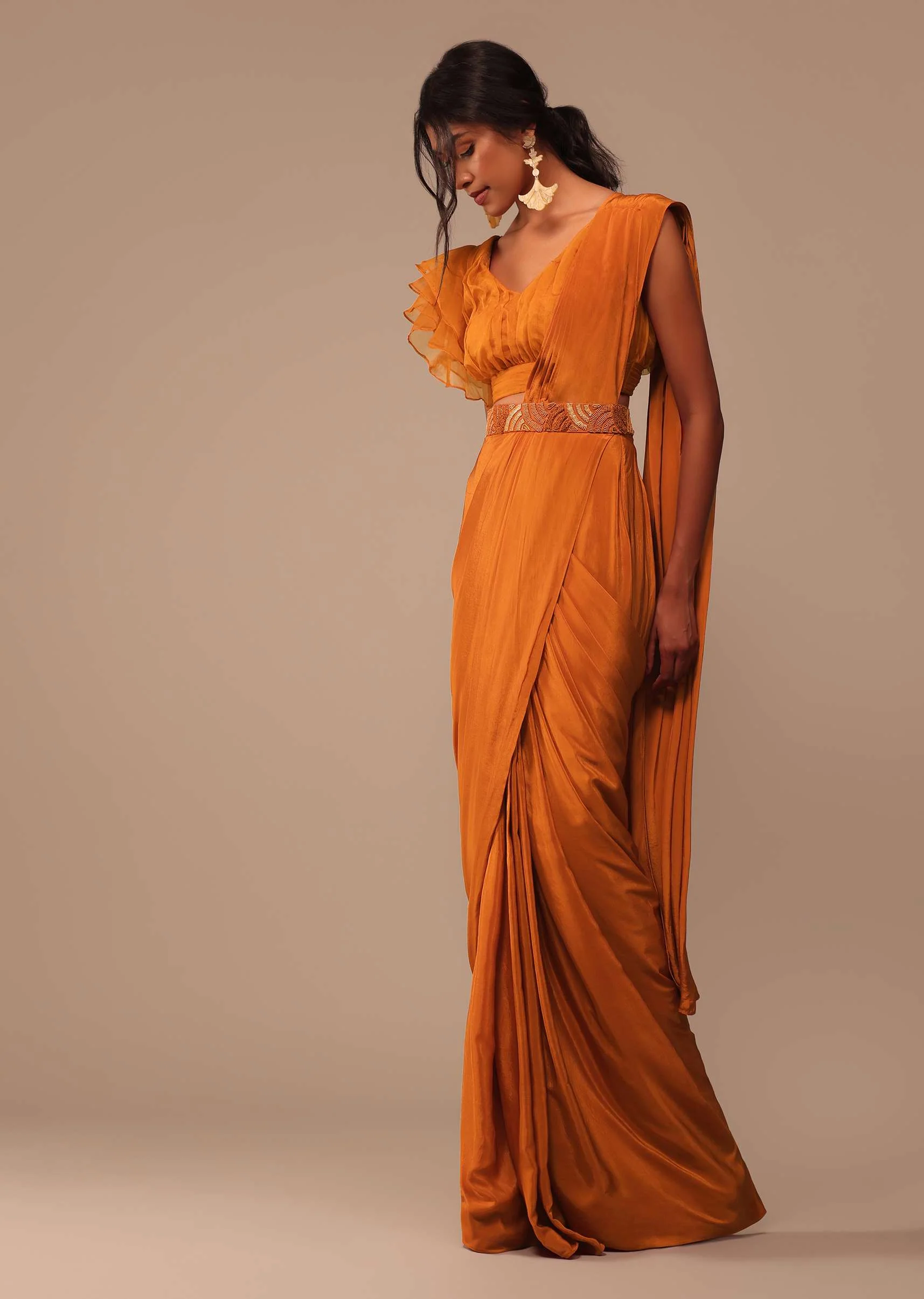 Rust Orange Pre Drape Saree With Fancy Ruffle Blouse And Embroidered Belt - Image 3