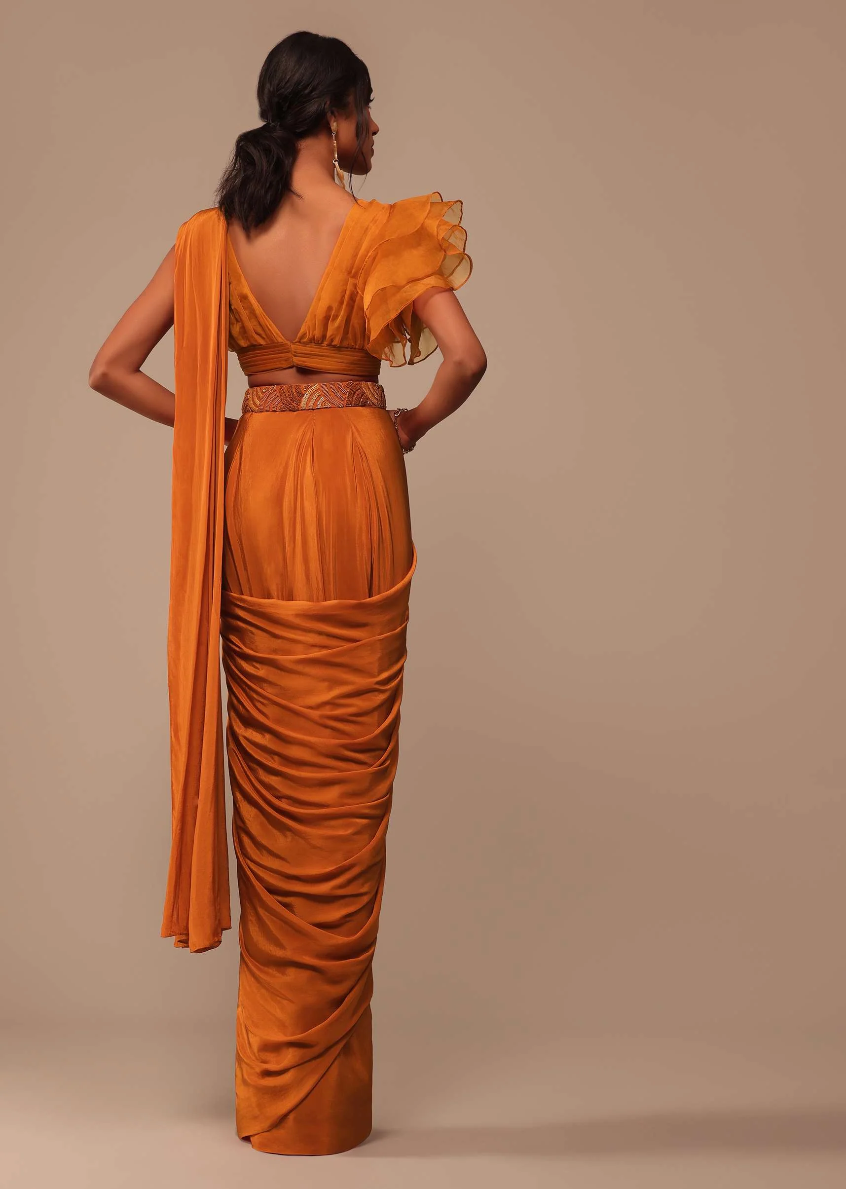 Rust Orange Pre Drape Saree With Fancy Ruffle Blouse And Embroidered Belt - Image 4
