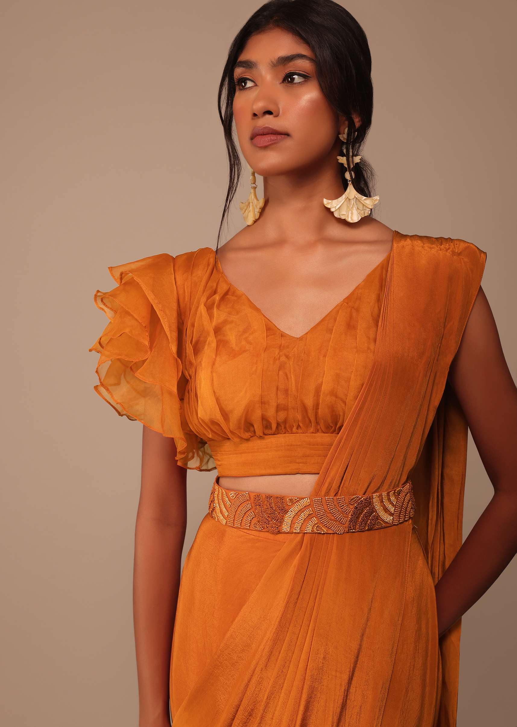 Rust Orange Pre Drape Saree With Fancy Ruffle Blouse And Embroidered Belt - Image 5