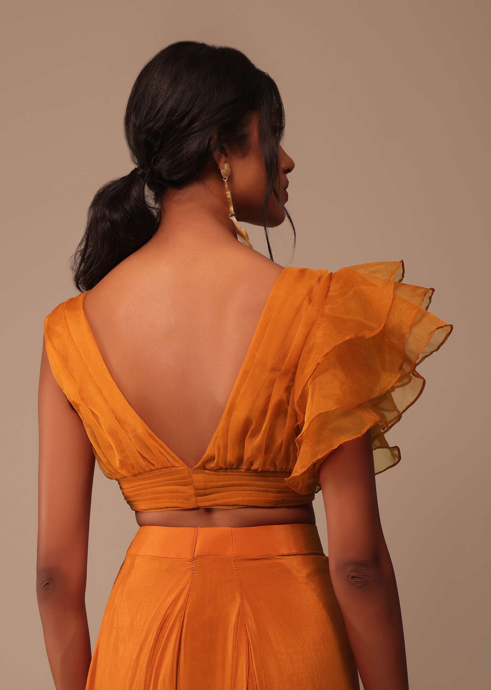 Rust Orange Pre Drape Saree With Fancy Ruffle Blouse And Embroidered Belt - Image 7