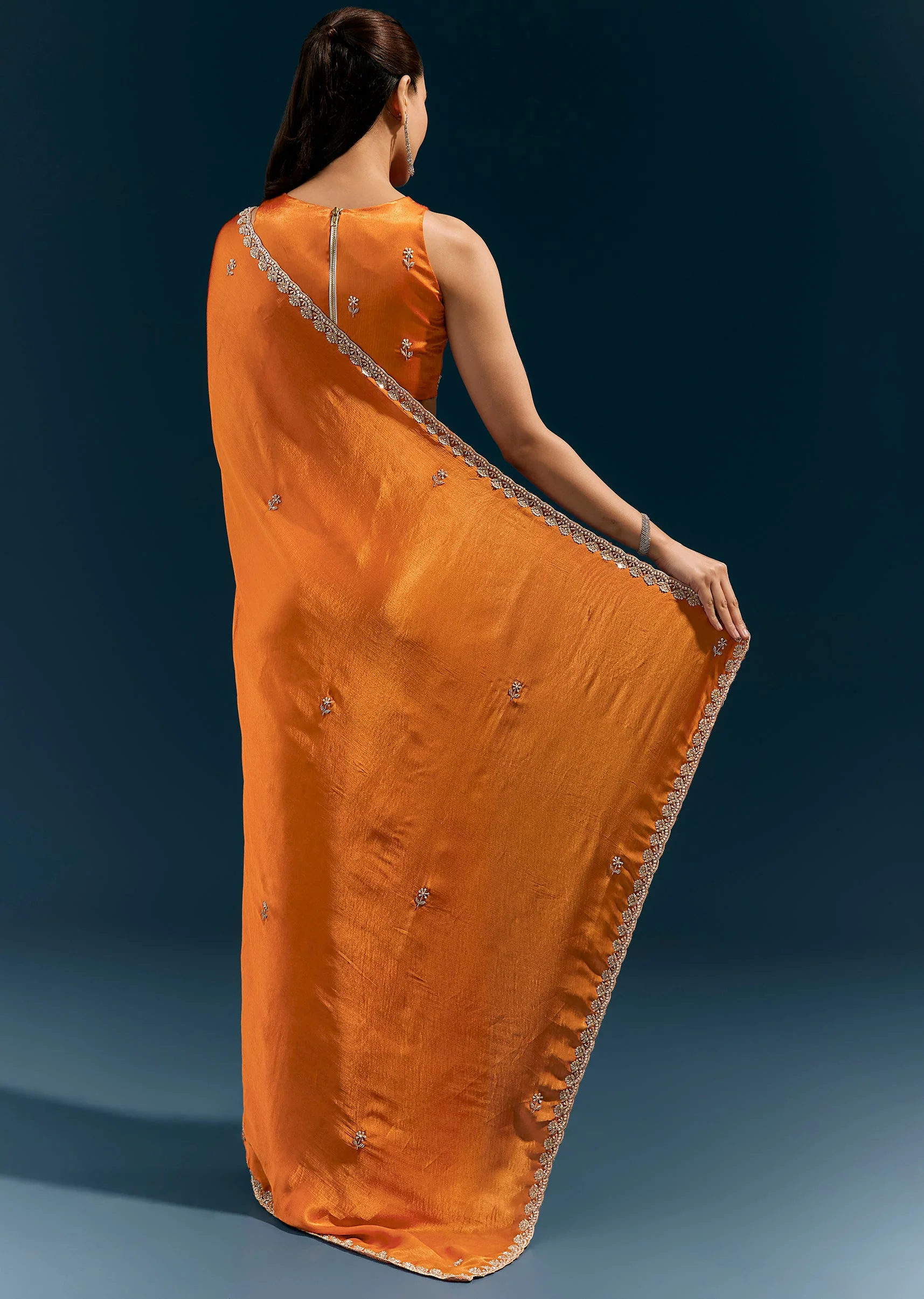 Rust Orange Satin Chinon Saree With Scalloped Border And Hand Embroidered Buttis - Image 4