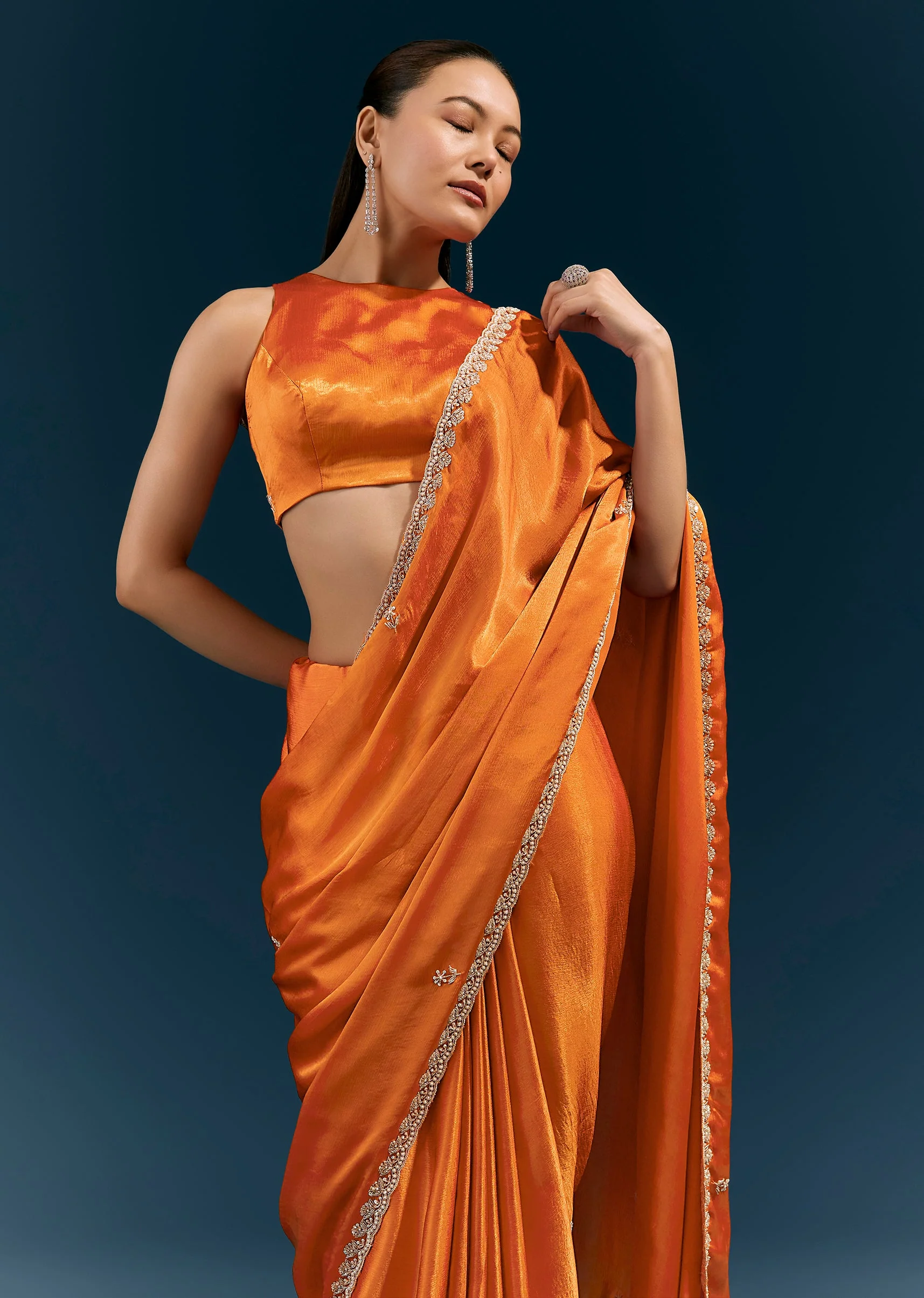 Rust Orange Satin Chinon Saree With Scalloped Border And Hand Embroidered Buttis - Image 5