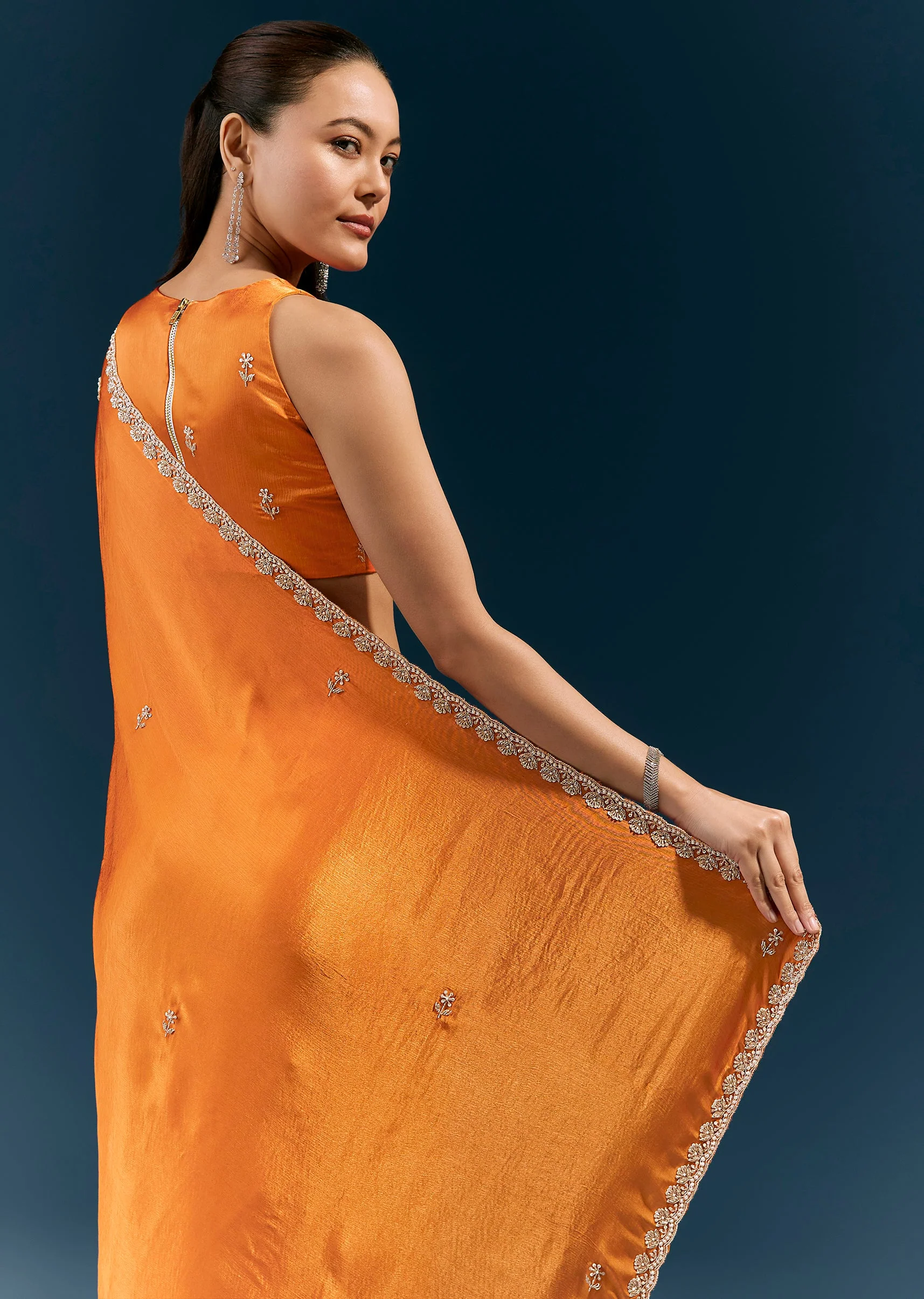 Rust Orange Satin Chinon Saree With Scalloped Border And Hand Embroidered Buttis - Image 6