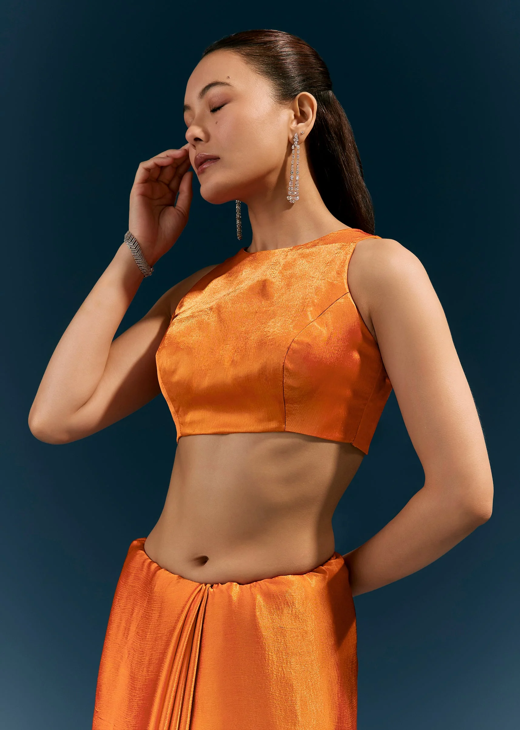 Rust Orange Satin Chinon Saree With Scalloped Border And Hand Embroidered Buttis - Image 7