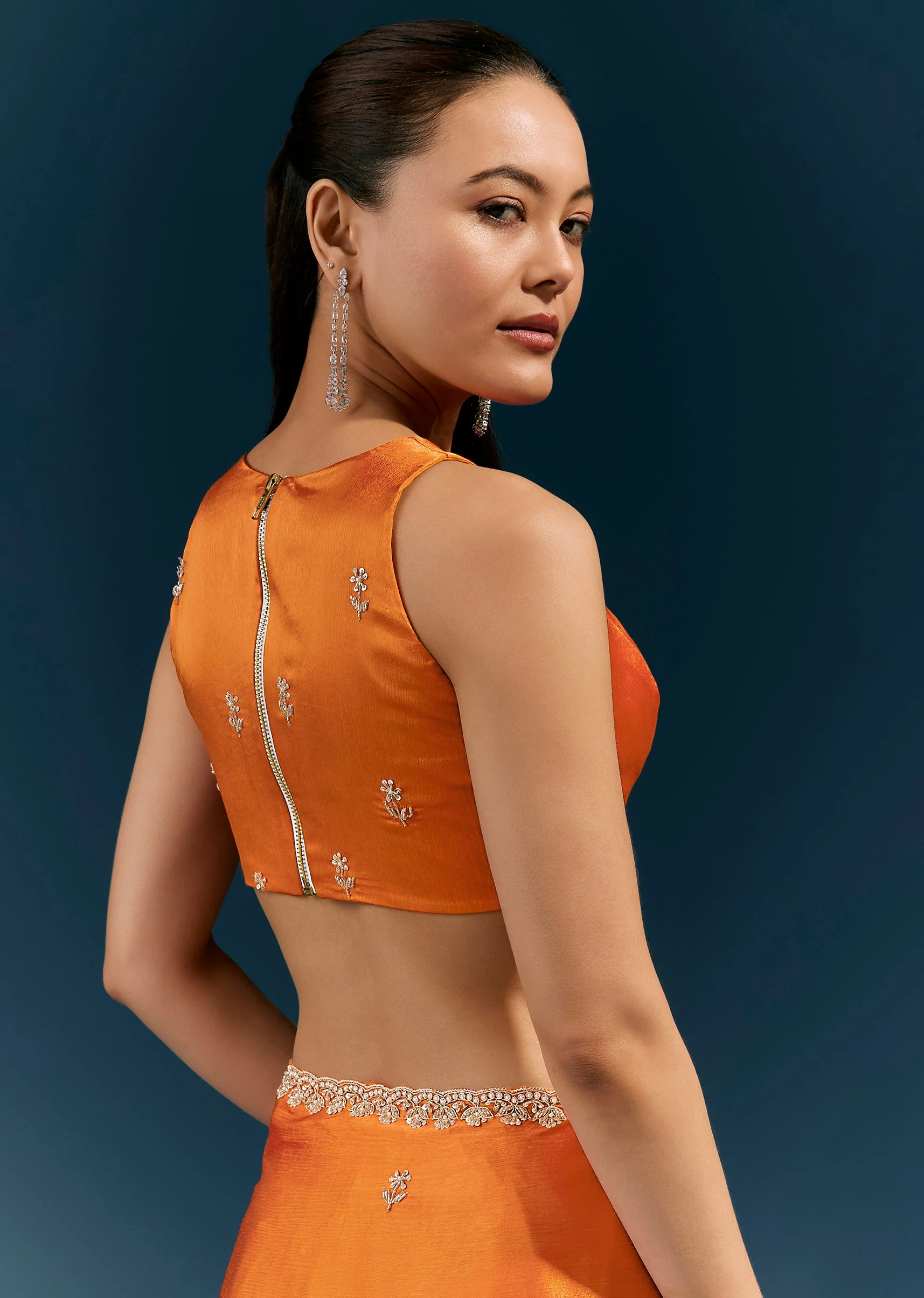 Rust Orange Satin Chinon Saree With Scalloped Border And Hand Embroidered Buttis - Image 8