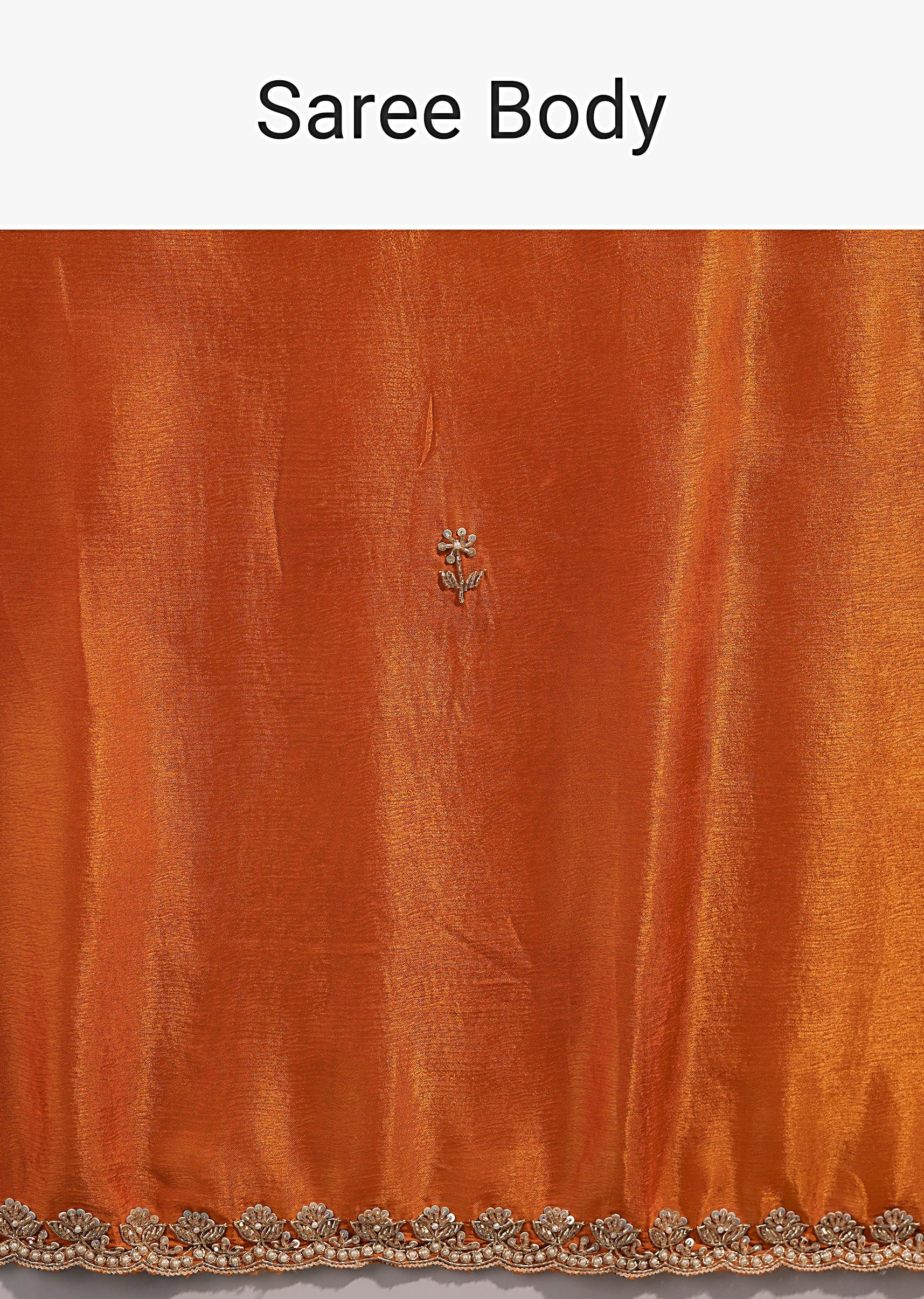 Rust Orange Satin Chinon Saree With Scalloped Border And Hand Embroidered Buttis - Image 9
