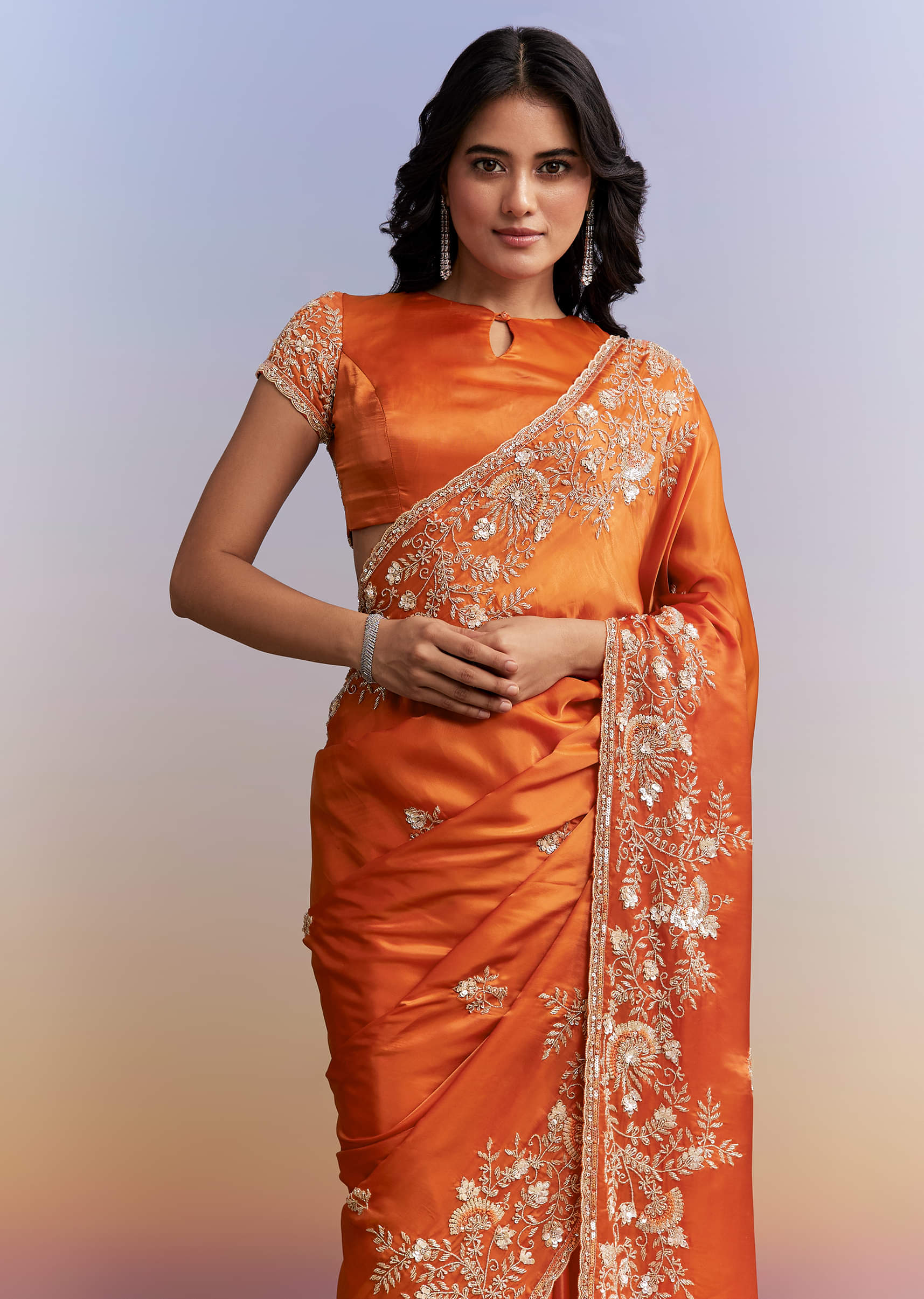 Rust Orange Satin Saree With Heavy Hand Embroidery - Image 2